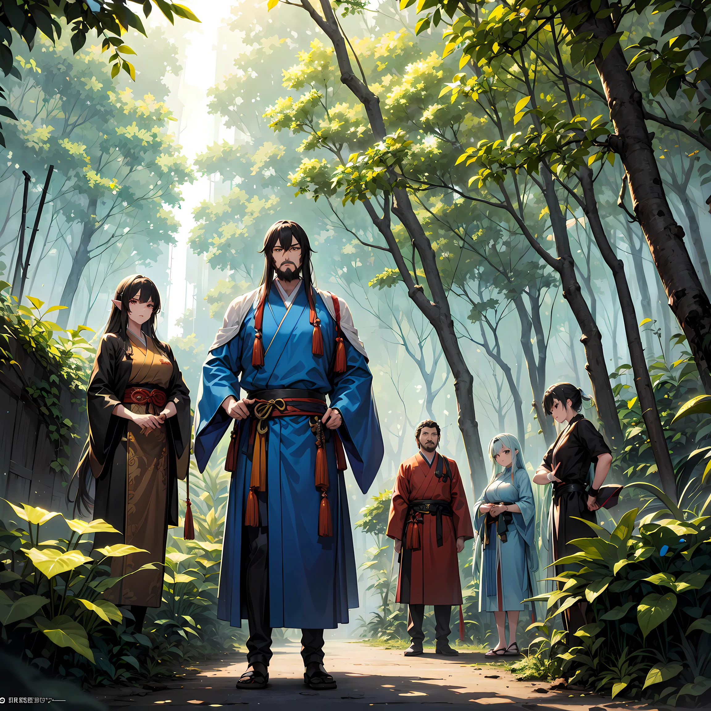 stylish japanese anime digital illustration, Isekai Tensei、Japan Isekai Tensei anime、Guan Yu landed in the jungle of another world、An otherworldly jungle reminiscent of the jungle of Vietnam、Feminized Guan Yu、Niō Standing、Red aura background, Standing with his boastful brunt on the ground。Ground covered with slime、A huge group of mushrooms shining around a tree、Intimidating a group of demonic beasts with his proud supremacy、hyper-sharp image, ultra sharp image, Mkoto shinakai, Akria Toriyama, Ghibri, zelda,