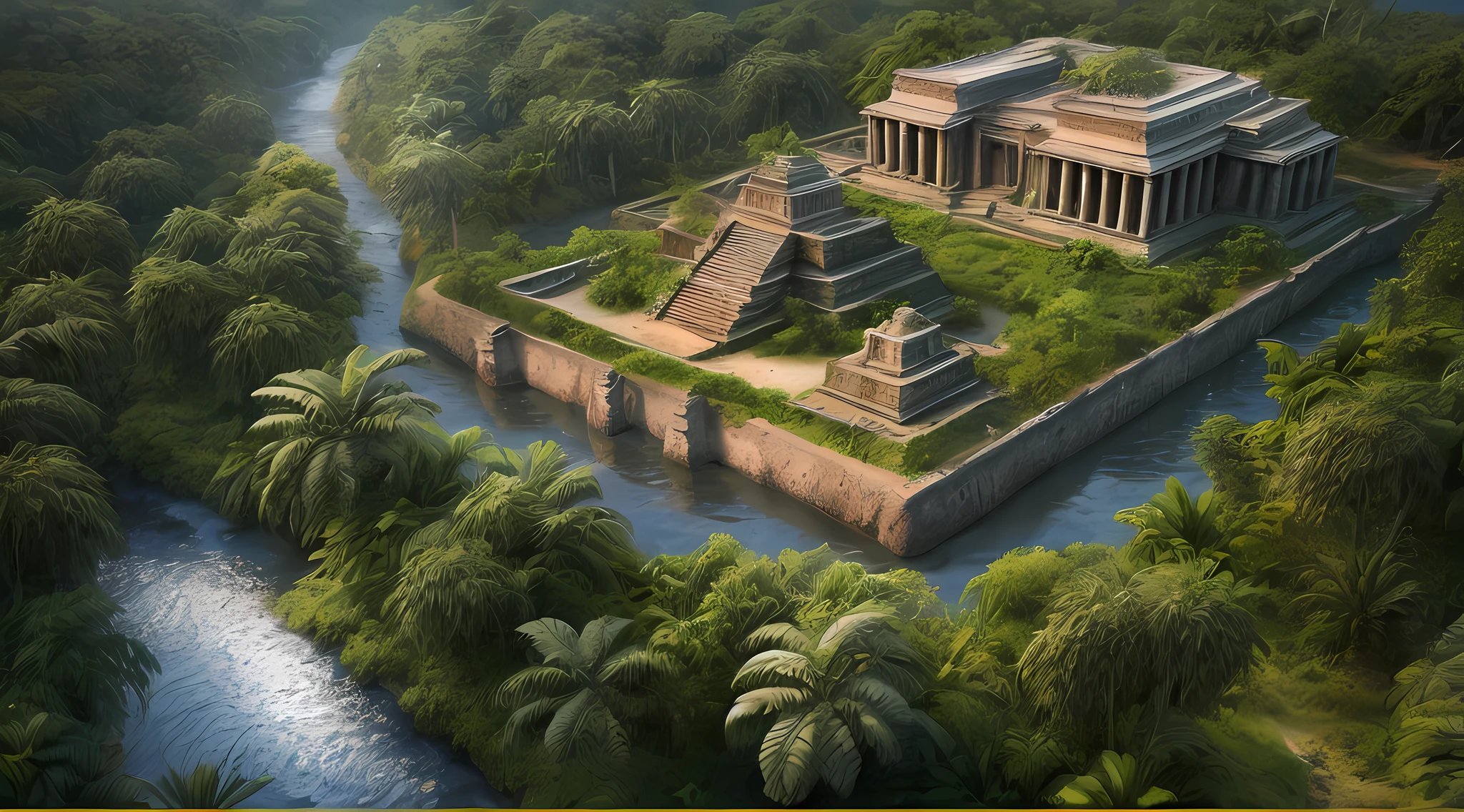 a photorealistic, award winning, best detailed, absurres, landscape (National Geographic style: 1.3)  picture of a fantasy jungle at dawn, many (jungle trees: 1.3),  a (river crossing the jungle: 1.1), sun rising being reflected in the river, an Inca temple in the horizon, a shot from birds view, sun setting light,  best quality, 16k, [ultra detailed], masterpiece, best quality, (ultra detailed), full body, ultra wide shot, photorealistic,