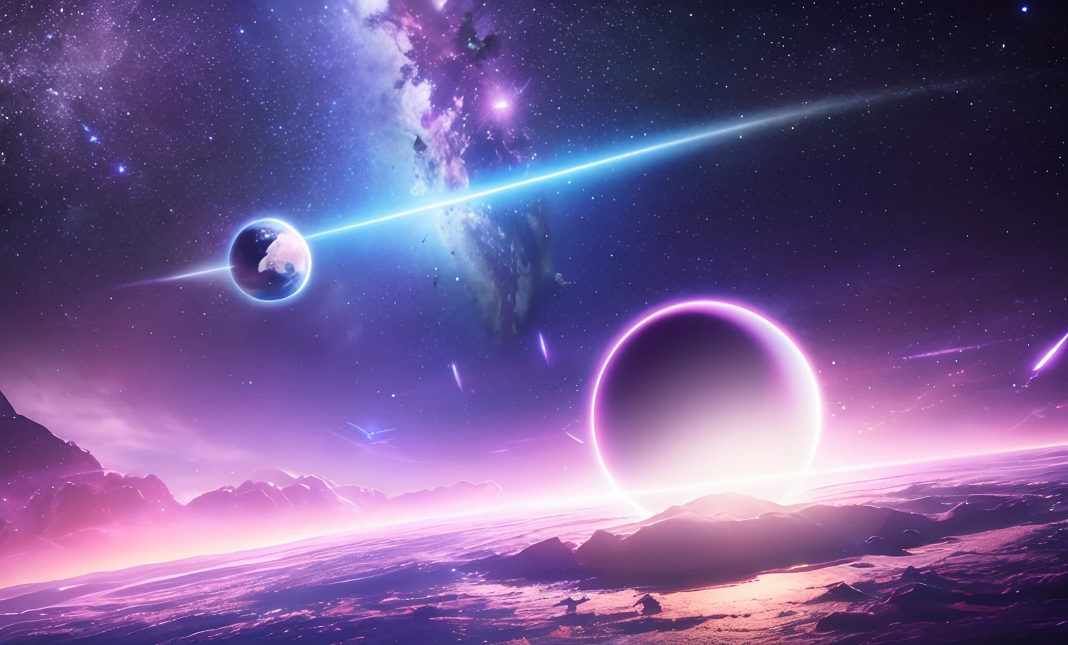 outer world, planet, galactic spaceships, space, digital art, purple and pink blue hues, stars