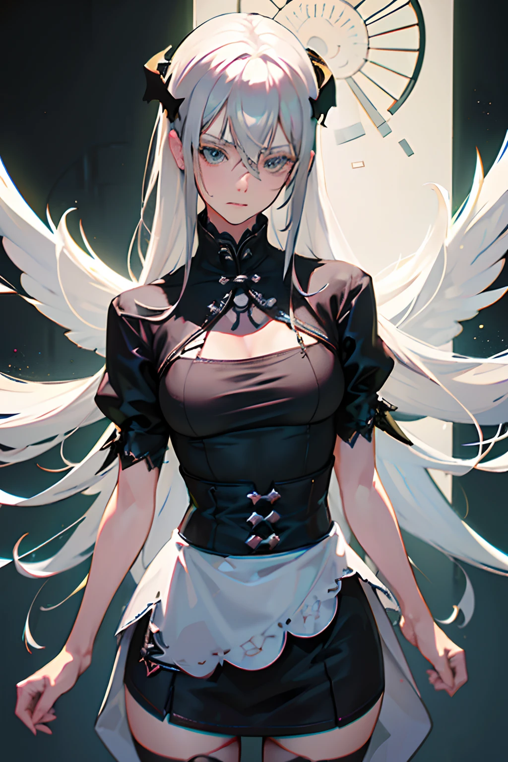 ((masterpiece, best quality)), (1girl), (solo), (female focus), (ahoge, ash blonde hair, long hair), green eyes, ((white shirt), (buttoned shirt)), ((black skirt), (short skirt)), standing, white background, arms behind back, (bat wings on the waist), (sheep horns), sad eyes, cold facial expression, cold look, pale skin, colour grading, dark illustration, extreme quality, extremely detailed, ultra hd 8k, ultra digitality, mythical, dark lightning, sleepy eyes, detailed hands, fine details, ash blonde haired deity, grey-haired, girl with ash blonde hair, nier:automata inspired, nier : automata inspired, grey haired, ash blonde hair girl, perfect grey haired girl, Full body of a person with long hair and a black shirt,(photo realistic:1.2), detailed eyes,