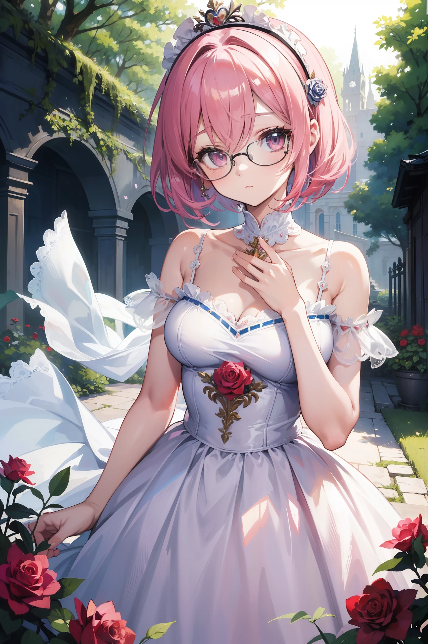 Anime,(masterpiece:1.5), (bestquality), highlydetailed, ultra-detailed, short hair,Half updo,pink hair, silver eyes,hairband,glasses,hair_bow,cute girl,small breasts,The most beautiful rose bush imaginable and an incredibly elegant young woman, magnificently coiffed, spectacularly made up and wearing a dazzlingly fabulous dress. In a dreamlike garden on a magical evening. (obra maestra) (mejor calidad)