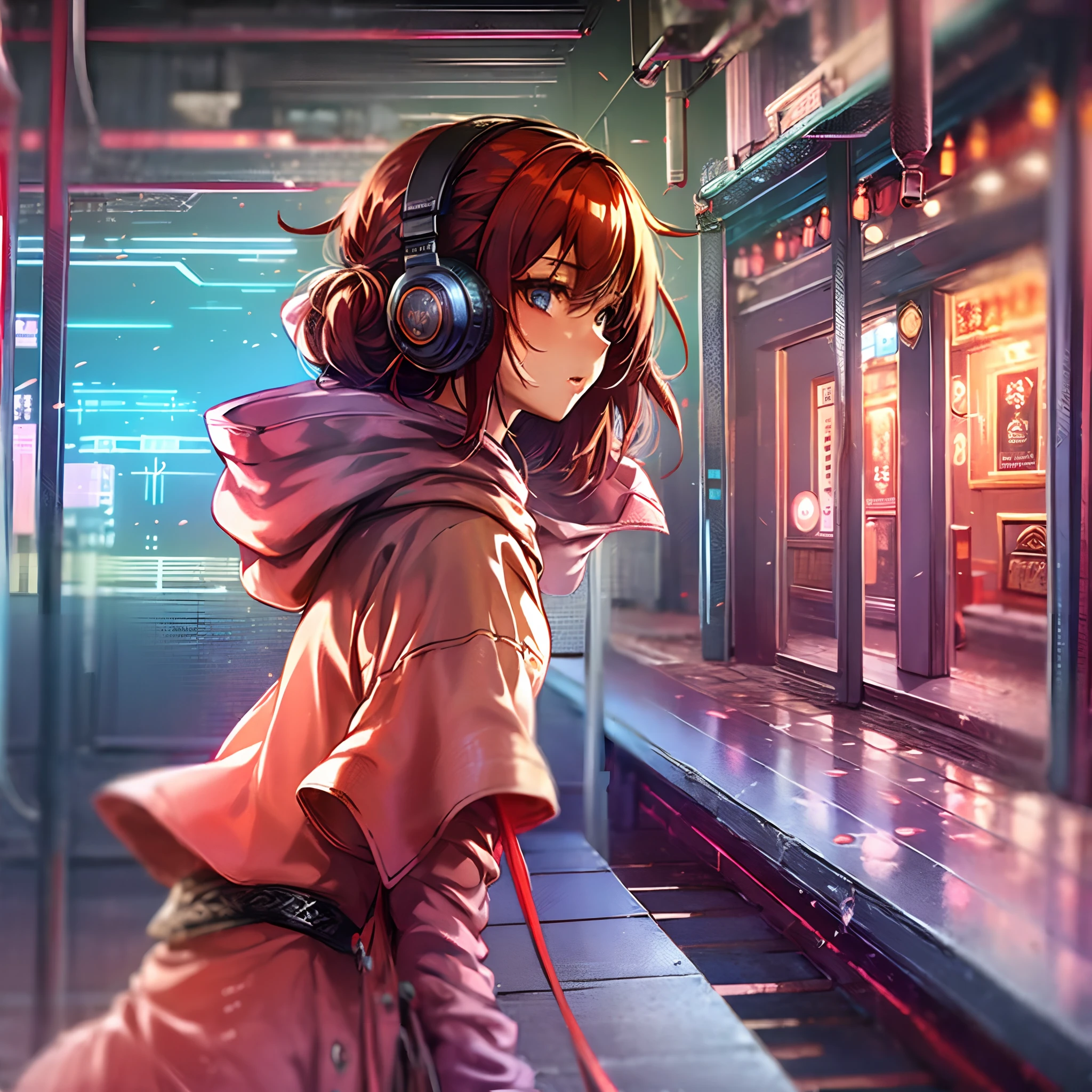 (((1girl in)))、(masuter piece、side lights、ultra-detailliert、inely detailed beautiful eyes: 1.2)、1girl in、bags、buliding、From Side、headphones、hoods、Hood down、hooded jacket、parka、jaket、long、orange color hair、profile、redhair、独奏、Train、inside of a car、The upper part of the body、masterpiece、top-quality