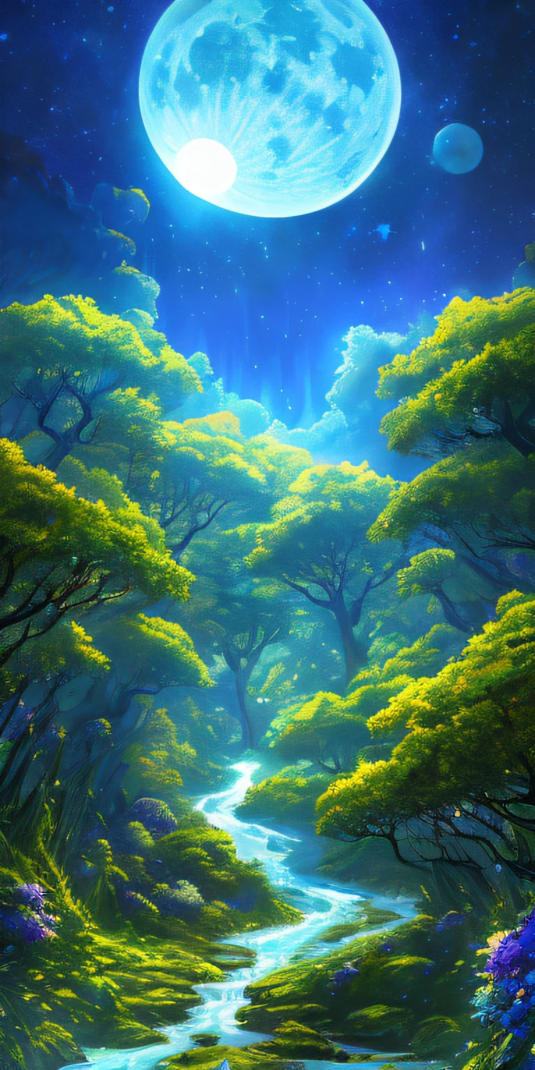A surrealist one、Otherworldly、Illustration of the super sky scene，Including a huge crystal tree all over the body、A very large full moon，Very detailed and magical lighting、Intricate forest details、Vegetation and surrounding rivers、Solar punk、scenecy、giant tree、Beautiful green leaves、Beautiful lighting and realistic proportions，As if it were a movie backdrop，8k，HighestQuali，tmasterpiece。