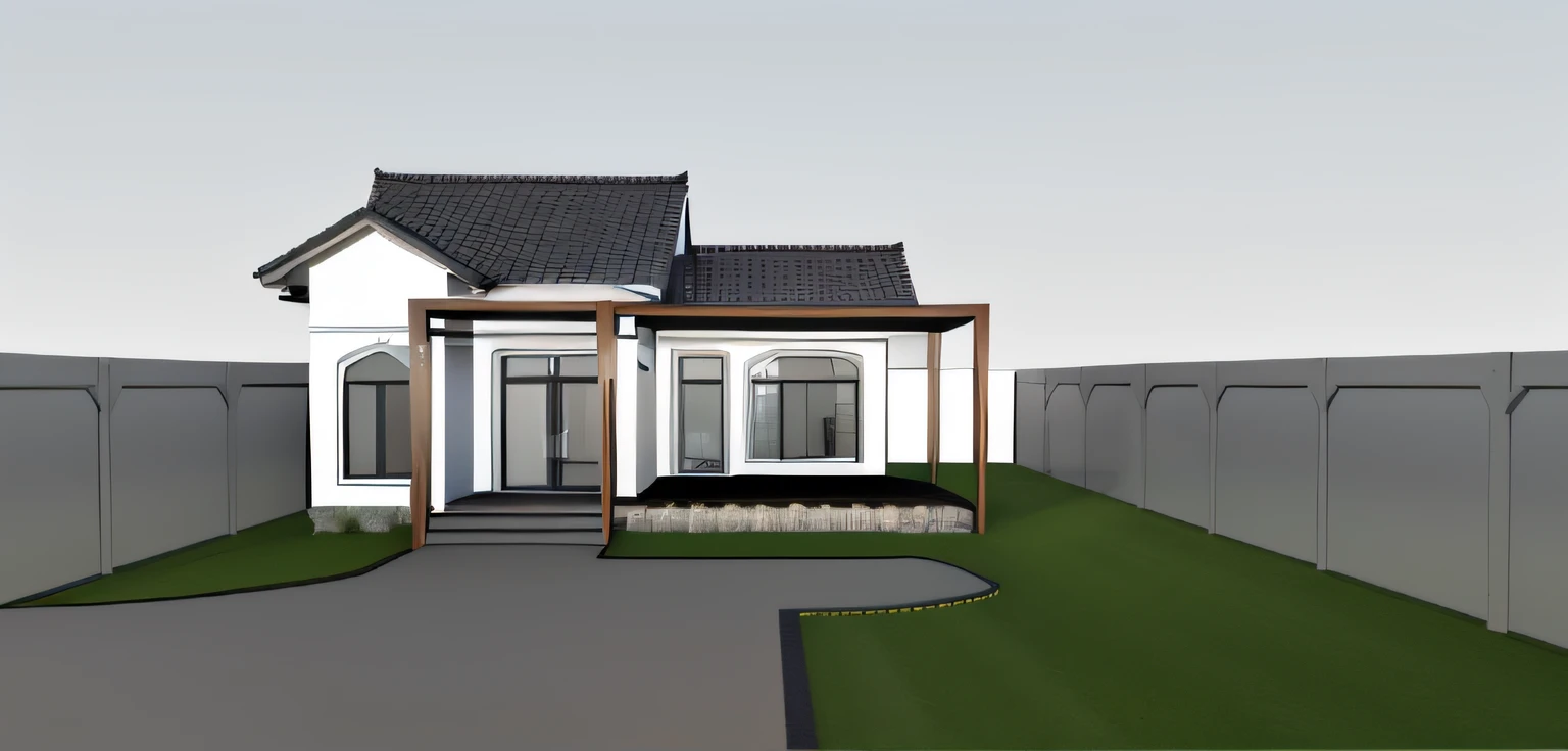 a rendering of a house with a fence and a gate, 3/4 view realistic, exterior design, vue 3d render, wide establishing shot, front view dramatic, comprehensive 2 d render, detailed rendering, 3 d rendering, 3d rendering, complete house, front perspective, 3 d perspective, 3 d finalrender, 3d finalrender, residential design
