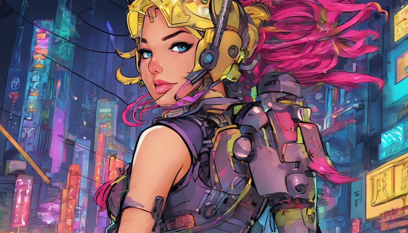 Cyberpunk power armor girl, Neon lights reflection, Technological enhancements, Futuristic city backdrop, Mechanical details, Cyberpunk Futurism, Mechanical Fantasy, Yoshitoshi ABe, Cyberpunk Power Armor Girl, Neon Cyber City, High-tech warrior, Action pose, Neon city backdrop, neon light, glitchy light, holographic light