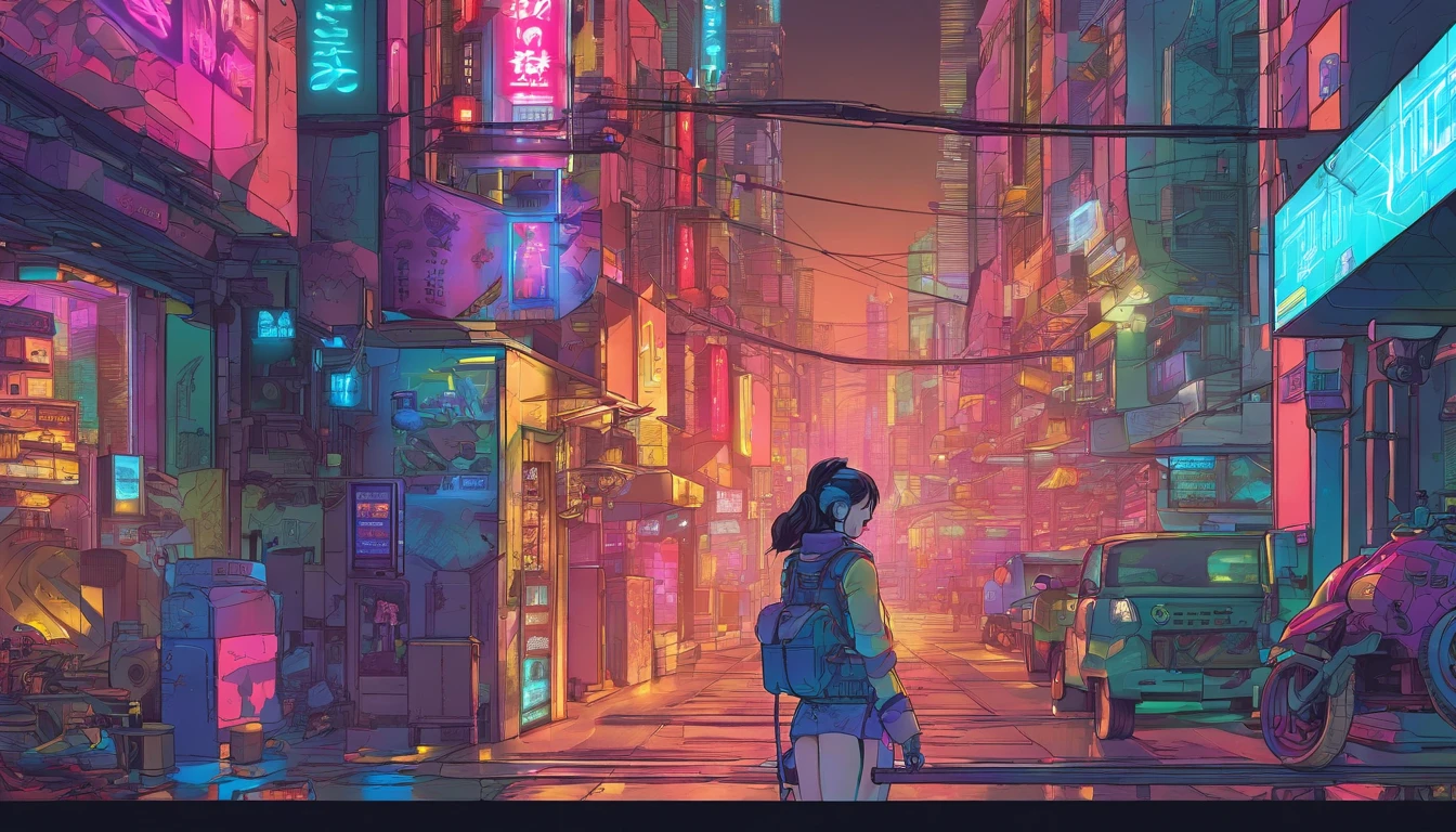 Cyberpunk power armor girl, Neon lights reflection, Technological enhancements, Futuristic city backdrop, Mechanical details, Cyberpunk Futurism, Mechanical Fantasy, Yoshitoshi ABe, Cyberpunk Power Armor Girl, Neon Cyber City, High-tech warrior, Action pose, Neon city backdrop, neon light, glitchy light, holographic light
