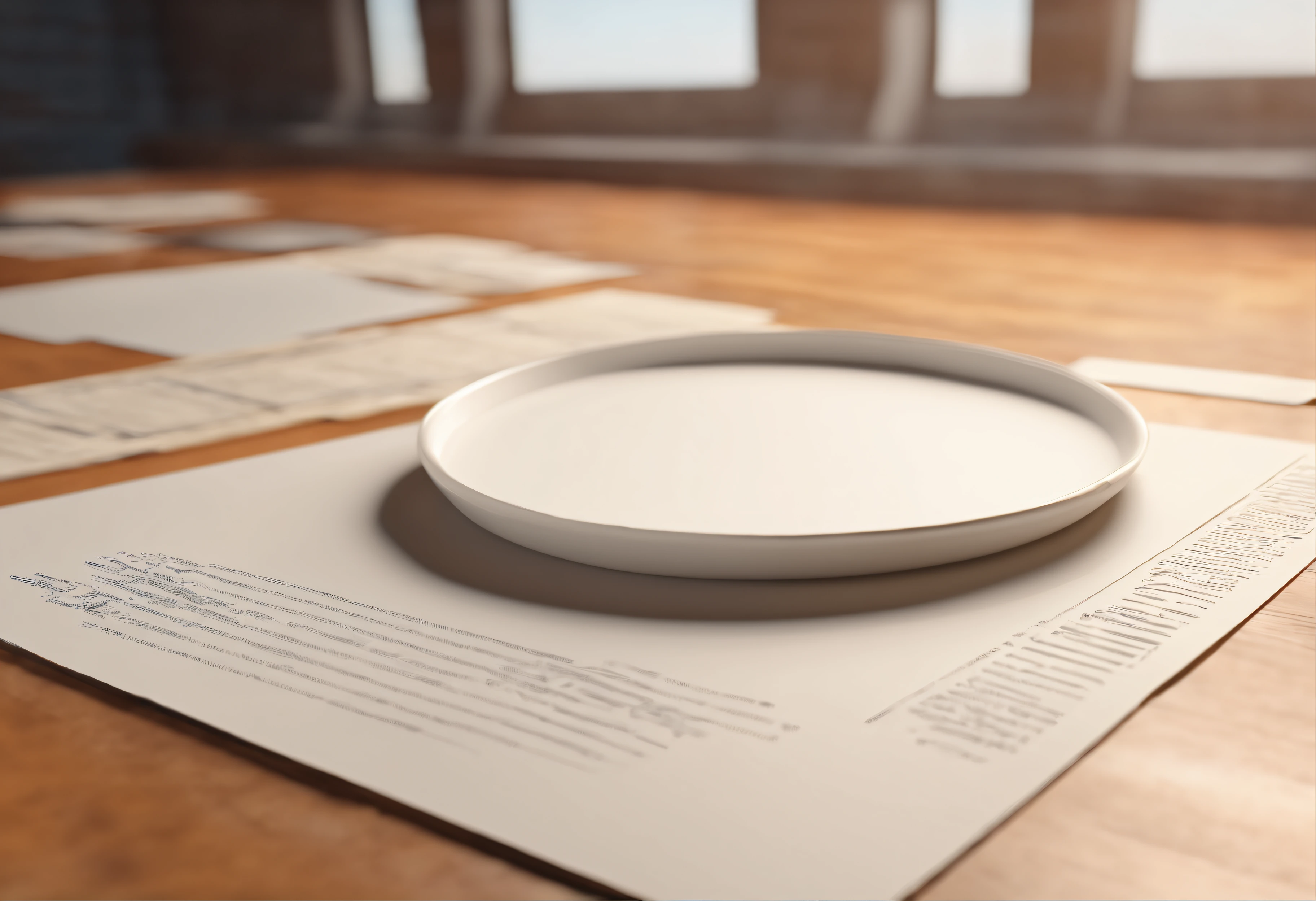 A blank piece of paper is placed on an empty table,Close-up overlook