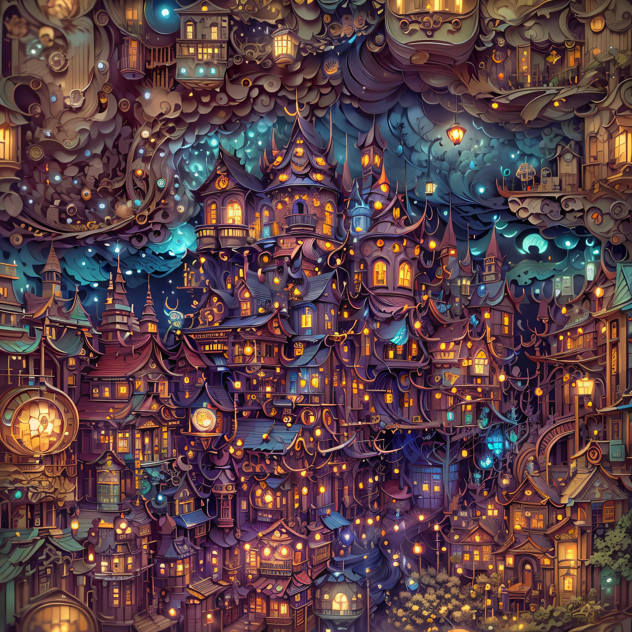 Paper Cuttings style:The colorful sky city,Sparkling metal,Mechanical gears,dim lantern,industrial machinery,Steam-powered spacecraft,Victorian architecture,Overgrown vines and plants,Magical ruins,Thick clouds hover above,Steam vortex,crumbling buildings,Evoke memories of a bygone era,Airships soar through the air,Mystical Artifacts,Reflective goggles,Rough cobblestone streets,Starry Night Sky,mystical aura,Unforgettable scenery,Rusty metal structure,Signs of weathering,The bright colors contrast with the decaying environment,Exposed pipes,Sparks of magic spells,The bustling bazaar is bustling,Mechanical limbs and gadgets,A magic crystal that lights up the darkness,Hot teapots and cups,Lively energy mixed with a sense of melancholy.