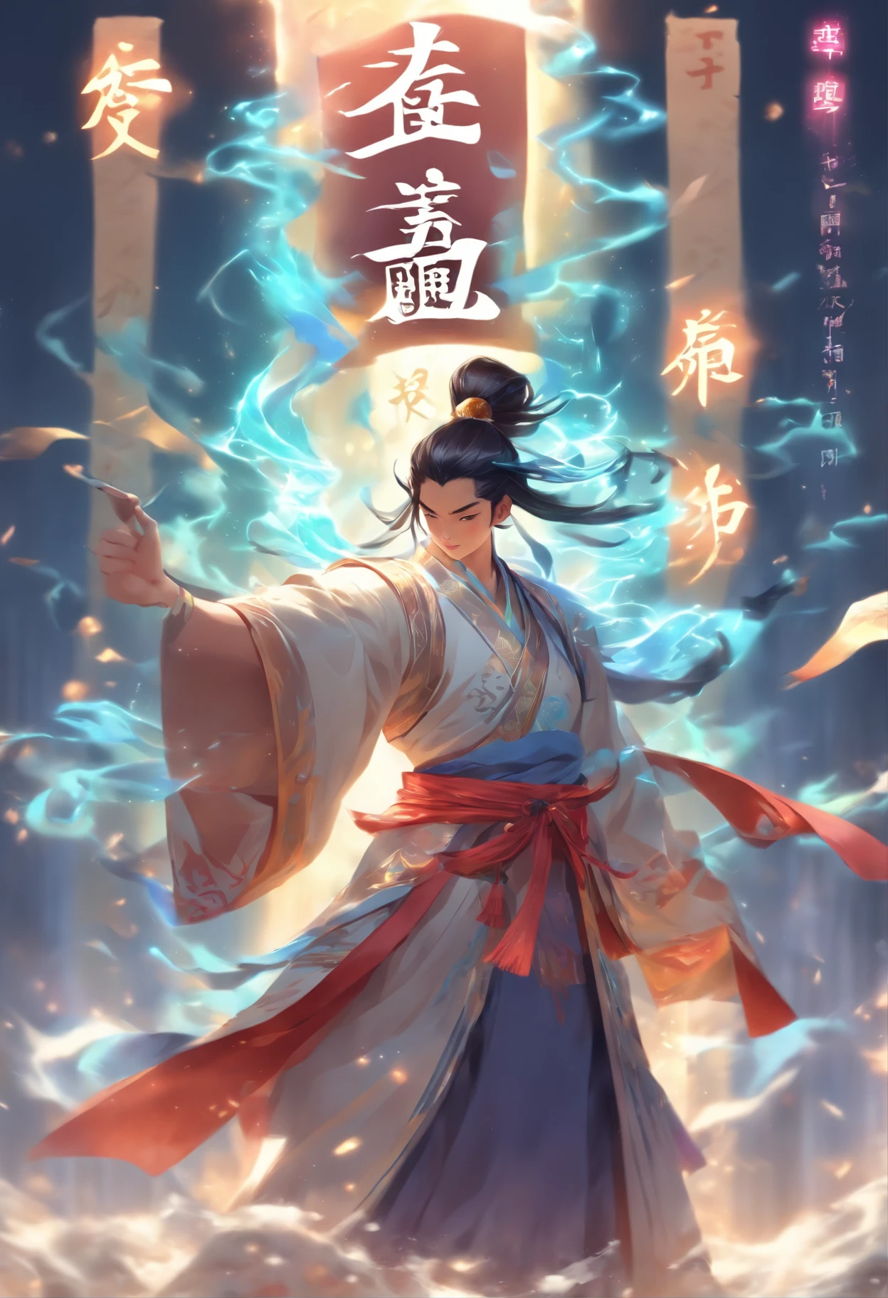 1boys,Young scholars of ancient China，(Hold the transparent illuminated scroll:1.5)，(Transparent glowing kanji hovering in midair:1.5)，（Plain text background：1.5），Vertical text，glittery，Scholar in blue robes，Long flowing hair flutters in the wind，16k, hyper HD, high resolution, Very detailed, Best image quality,dynamicposes，(20 columns of Chinese characters:1.5)，arranged in an orderly fashion