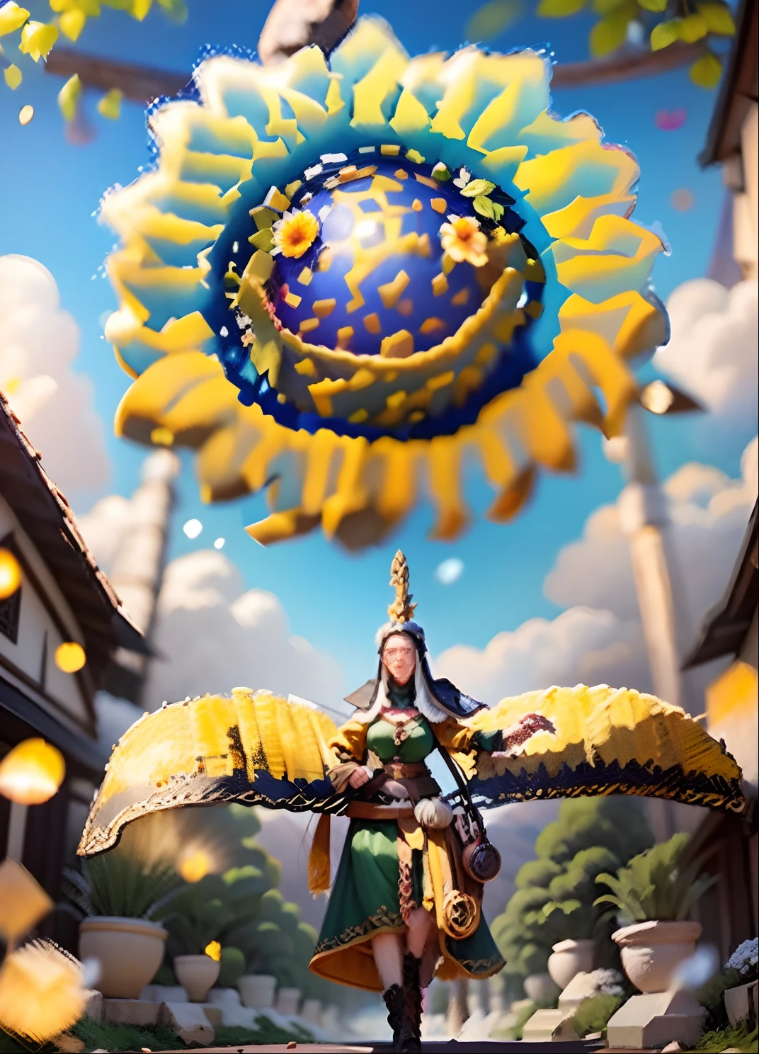 In a very grand scene,The extra-large wide-angle lens captures the appearance of a female centaur。She is a Sunflower Worship nun,Facing it(Has a cartoon smiley emoji:99.99)The knitted sunflower icon prays。She is tall,It has the ultimate curvy beauty,The muscles are slender and firm,Beautiful lines。She has(Super huge sky blue eyes:99.99)、always(Wearing sexy glasses:6.66)、(She wears solemn nun attire:9.9)、Stepping on a boot-style skyscraper-heel、A pink cross hangs on his chest。Use Midjourney's advanced tools,Designed for female centaurs(Cartoon smiley face knitted in the center of a huge knitted sunflower disc:99.99),This is the icon of God woven from high-grade yarn,and noble and solemn nun costumes,and highlight her unique physiological characteristics and appearance details,Add realism。And in the context of her prayers and listening to confessions,Spectacular views of nature,Such as the sky where storms and sunny days alternate、Brilliant rivers of stars and auroras、The snow-capped summit of Mount Everest、Fireworks in the mountain town, etc。ao mesmo tempo,Away from the hustle and bustle next to the chapel,Create a fantastic scene。Use Midjourney's advanced tools and multiple color palettes、Brush Strokes、Texture tools and model packages,It shows a sense of atmosphere where beauty and charm coexist。The charm of the female centaur is highlighted through color and lines,Enhance realism with detailing,Create a surreal dreamy feeling。Additionally,Use Midjourney's tools to add various exorcism props and books to the female centaur、pergaminhos,Create intricate hairstyles and outfits,Give her a sense of premium。She never flinches,No matter what monster you encounter,can respond quickly,Even the most extreme armies of natural disasters and monsters could not stop her and her front(Sunflower with Tyndall effect that emits sunlight9.99)。Use Midjourney's powerful tools,You can do it with incredible detail and beauty,Bring this ultra-grand and beautiful scene to life。Ultra-grand s