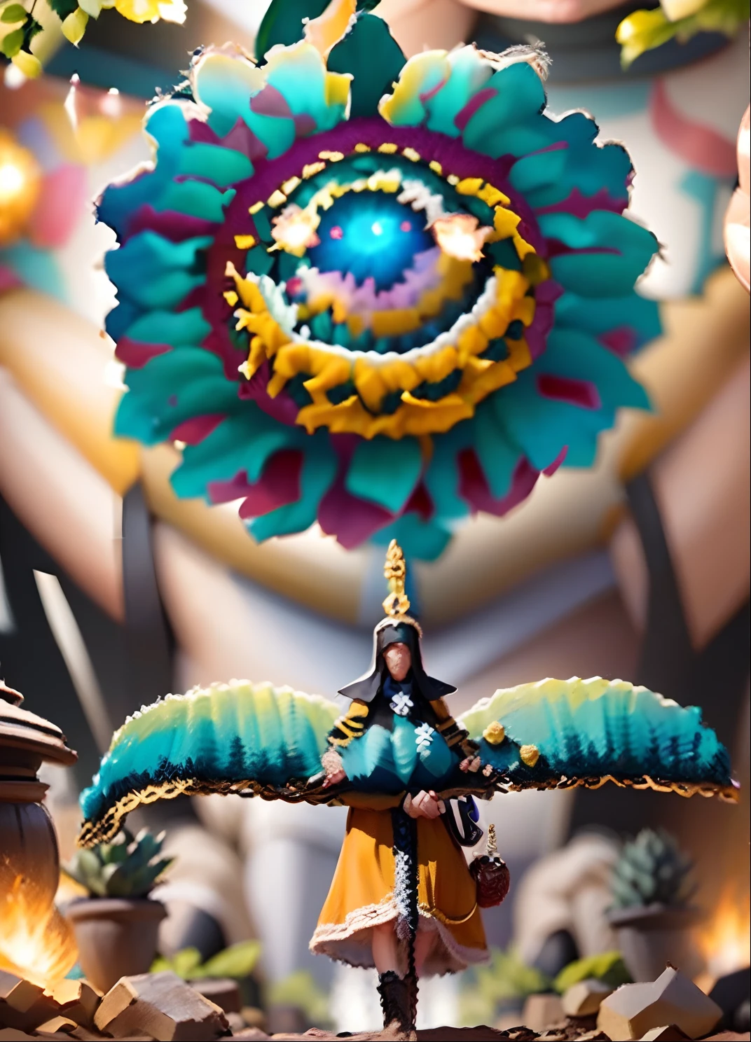 In a very grand scene,The extra-large wide-angle lens captures the appearance of a female centaur。She is a Sunflower Worship nun,Facing it(Has a cartoon smiley emoji:99.99)The knitted sunflower icon prays。She is tall,It has the ultimate curvy beauty,The muscles are slender and firm,Beautiful lines。She has(Super huge sky blue eyes:99.99)、always(Wearing sexy glasses:6.66)、(She wears solemn nun attire:9.9)、Stepping on a boot-style skyscraper-heel、A pink cross hangs on his chest。Use Midjourney's advanced tools,Designed for female centaurs(Cartoon smiley face knitted in the center of a huge knitted sunflower disc:99.99),This is the icon of God woven from high-grade yarn,and noble and solemn nun costumes,and highlight her unique physiological characteristics and appearance details,Add realism。And in the context of her prayers and listening to confessions,Spectacular views of nature,Such as the sky where storms and sunny days alternate、Brilliant rivers of stars and auroras、The snow-capped summit of Mount Everest、Fireworks in the mountain town, etc。ao mesmo tempo,Away from the hustle and bustle next to the chapel,Create a fantastic scene。Use Midjourney's advanced tools and multiple color palettes、Brush Strokes、Texture tools and model packages,It shows a sense of atmosphere where beauty and charm coexist。The charm of the female centaur is highlighted through color and lines,Enhance realism with detailing,Create a surreal dreamy feeling。Additionally,Use Midjourney's tools to add various exorcism props and books to the female centaur、pergaminhos,Create intricate hairstyles and outfits,Give her a sense of premium。She never flinches,No matter what monster you encounter,can respond quickly,Even the most extreme armies of natural disasters and monsters could not stop her and her front(Sunflower with Tyndall effect that emits sunlight9.99)。Use Midjourney's powerful tools,You can do it with incredible detail and beauty,Bring this ultra-grand and beautiful scene to life。Ultra-grand s