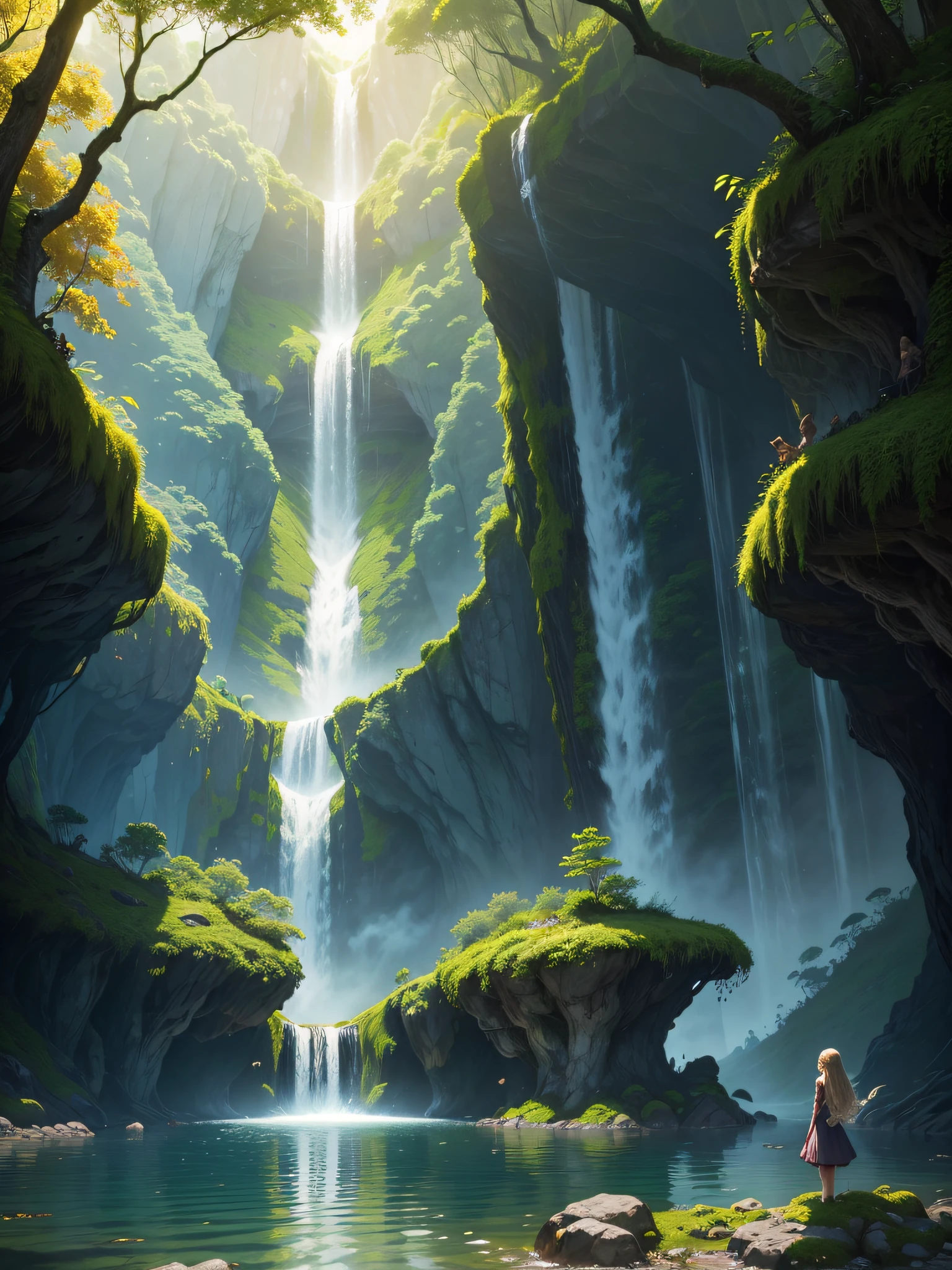 best quality, 4k, 8k, highres, masterpiece:1.2, ultra-detailed, realistic:1.37, portraits, landscape, concept artists, a girl in a fantasy jungle, beautiful detailed eyes, beautiful detailed lips, extremely detailed eyes and face, long eyelashes, girl looking towards something in awe, enchanted expression, flowing hair in the wind, fairy-like appearance, vibrant colors, soft lighting, magical atmosphere, glowing plants and flowers, ancient trees towering above, thick foliage creating a sense of mystery and secrecy, golden sunbeams filtering through the leaves, exquisite details in every leaf and flower, reflections on the river's surface, crystal-clear water in the river, golden fish swimming gracefully, frolicking deer in the distance, playful squirrels jumping from tree to tree, majestic waterfall in the background, water cascading down with great force, revealing a hidden cave behind the waterfall, mystical creatures watching from the shadows, unforgettable and surreal.