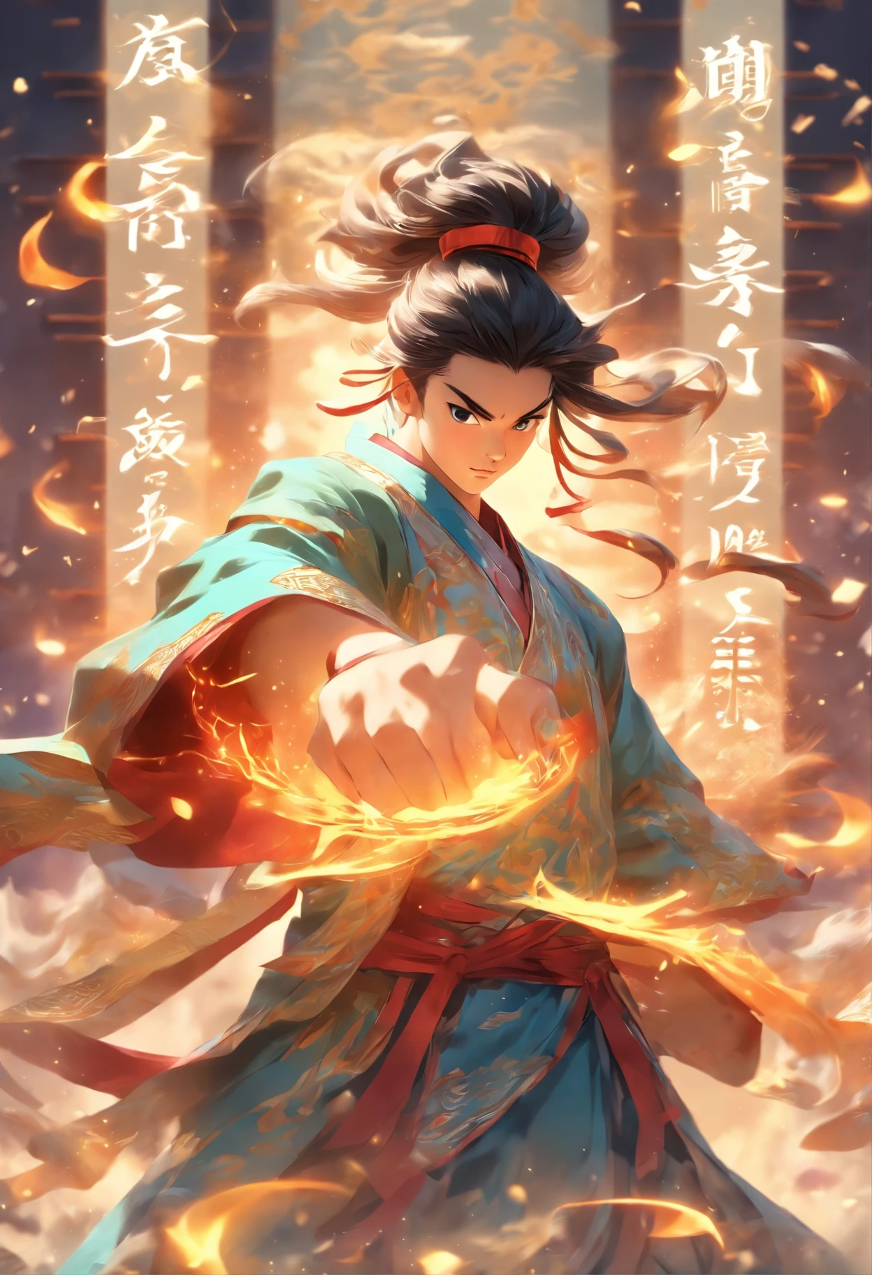 1boys,Young scholars of ancient China,(Hold the transparent illuminated scroll:1.5),(Transparent glowing kanji hovering in midair:1.5),(Plain text background:1.5),Vertical text,glittery,Scholar in blue robes,Long flowing hair flutters in the wind,16k, hyper HD, high resolution, Very detailed, Best image quality,dynamicposes,(20 columns of Chinese characters:1.5),arranged in an orderly fashion