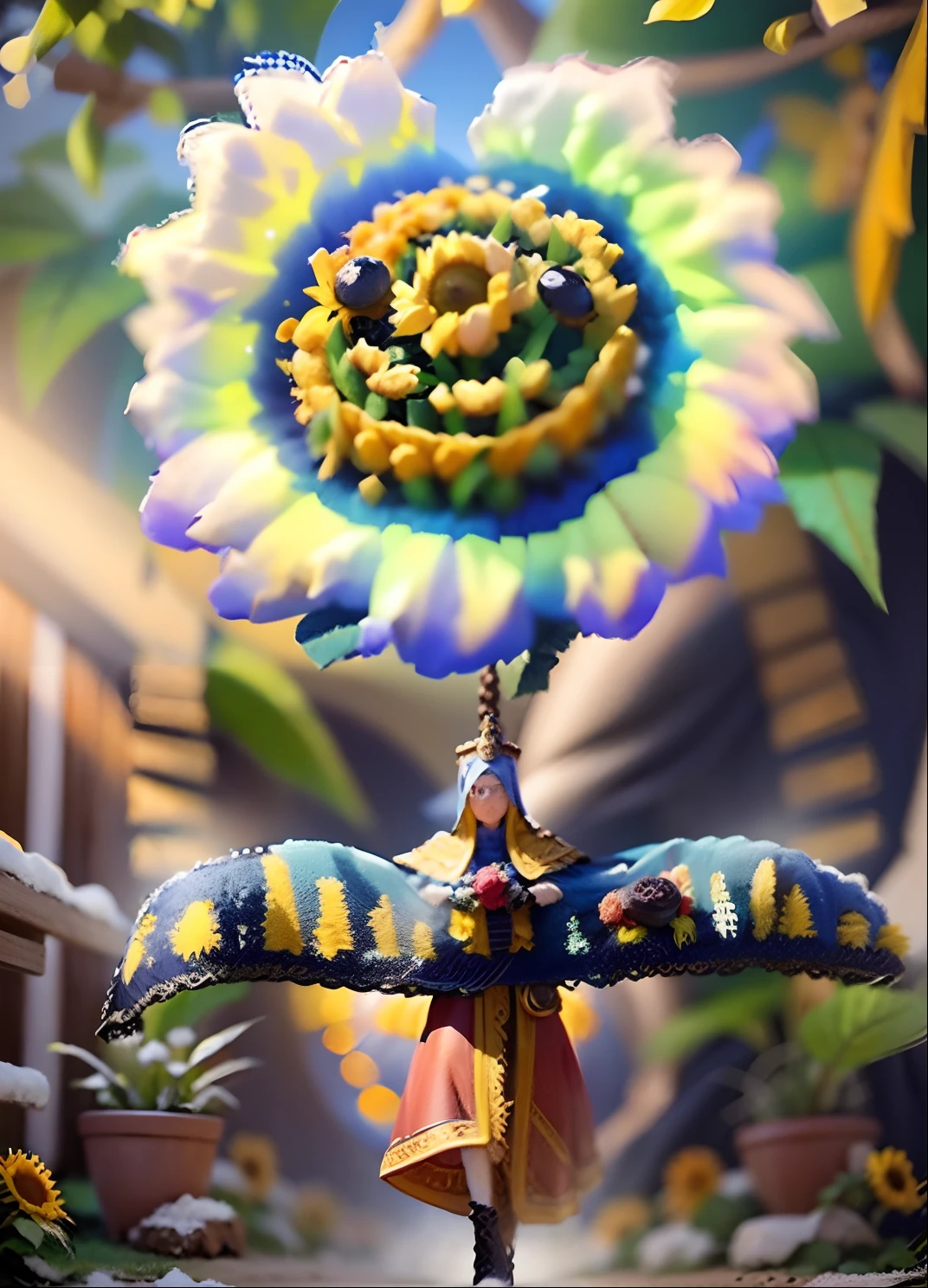 In a very grand scene,The extra-large wide-angle lens captures the appearance of a female centaur。She is a Sunflower Worship nun,Facing it(Has a cartoon smiley emoji:99.99)The knitted sunflower icon prays。She is tall,It has the ultimate curvy beauty,The muscles are slender and firm,Beautiful lines。She has(Super huge sky blue eyes:99.99)、always(Wearing sexy glasses:6.66)、(She wears solemn nun attire:9.9)、Stepping on a boot-style skyscraper-heel、A pink cross hangs on his chest。Use Midjourney's advanced tools,Designed for female centaurs(Cartoon smiley face knitted in the center of a huge knitted sunflower disc:99.99),This is the icon of God woven from high-grade yarn,and noble and solemn nun costumes,and highlight her unique physiological characteristics and appearance details,Add realism。And in the context of her prayers and listening to confessions,Spectacular views of nature,Such as the sky where storms and sunny days alternate、Brilliant rivers of stars and auroras、The snow-capped summit of Mount Everest、Fireworks in the mountain town, etc。ao mesmo tempo,Away from the hustle and bustle next to the chapel,Create a fantastic scene。Use Midjourney's advanced tools and multiple color palettes、Brush Strokes、Texture tools and model packages,It shows a sense of atmosphere where beauty and charm coexist。The charm of the female centaur is highlighted through color and lines,Enhance realism with detailing,Create a surreal dreamy feeling。Additionally,Use Midjourney's tools to add various exorcism props and books to the female centaur、pergaminhos,Create intricate hairstyles and outfits,Give her a sense of premium。She never flinches,No matter what monster you encounter,can respond quickly,Even the most extreme armies of natural disasters and monsters could not stop her and her front(Sunflower with Tyndall effect that emits sunlight9.99)。Use Midjourney's powerful tools,You can do it with incredible detail and beauty,Bring this ultra-grand and beautiful scene to life。Ultra-grand s