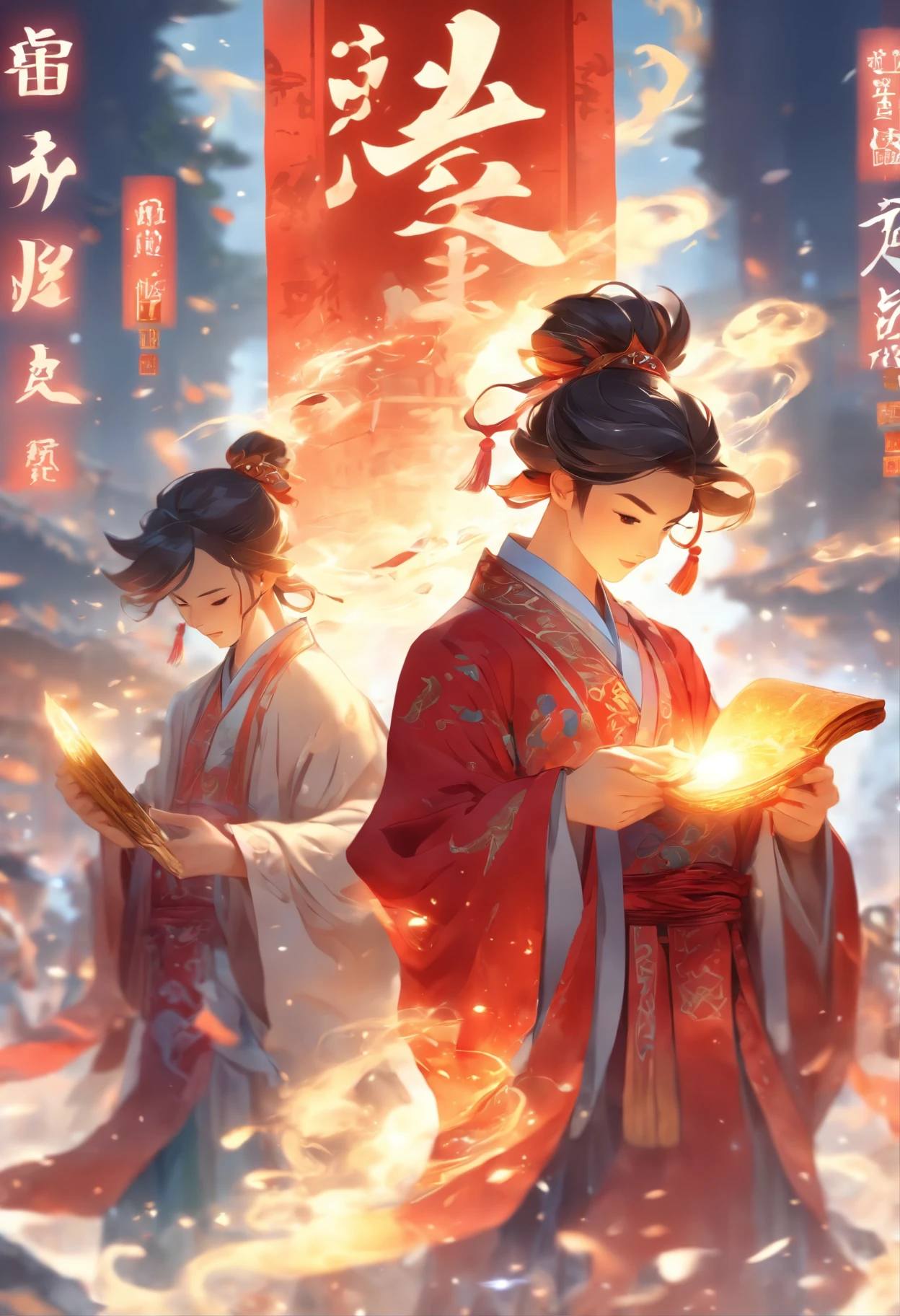 1boys,Young scholars of ancient China，(Hold the transparent illuminated scroll:1.5)，(Transparent glowing kanji hovering in midair:1.5)，（Plain text background：1.5），Vertical text，glittery，Scholar in blue robes，Long flowing hair flutters in the wind，16k, hyper HD, high resolution, Very detailed, Best image quality,dynamicposes，(20 columns of Chinese characters:1.5)，arranged in an orderly fashion