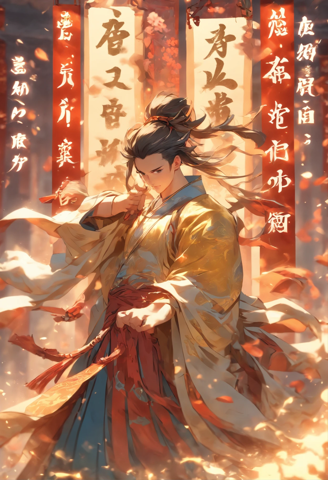 1boys,Young scholars of ancient China，(Hold the transparent illuminated scroll:1.5)，(Transparent glowing kanji hovering in midair:1.5)，（Plain text background：1.5），Vertical text，glittery，Scholar in blue robes，Long flowing hair flutters in the wind，16k, hyper HD, high resolution, Very detailed, Best image quality,dynamicposes，(20 columns of Chinese characters:1.5)，arranged in an orderly fashion