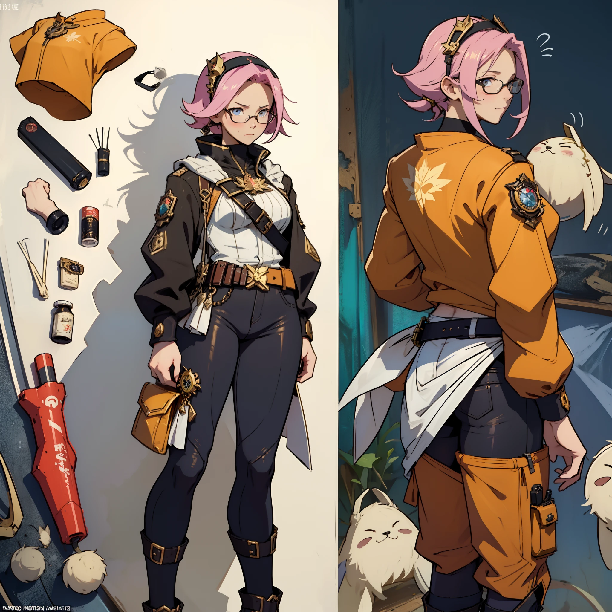 Anime,(masterpiece:1.5), (bestquality), highlydetailed, ultra-detailed, short hair,Half updo,pink hair, silver eyes,hairband,glasses,hair_bow,cute girl,small breasts,Close-up of a man in a gun costume, ((character concept art)), tall figure, ((character design sheet, same character, front, side, back)), maple story character art, video game character design, video game character design, maple story gun girl, girl wearing cute cartoon bunny hairpin on her head, yellow glowing decoration on girl's clothes, expert high detail concept art, metal bullet concept art, funny character design, Lucio as a woman, gravity rush inspiration, Viscous tar. Concept art, belt buckle at waist, steampunk weapon,