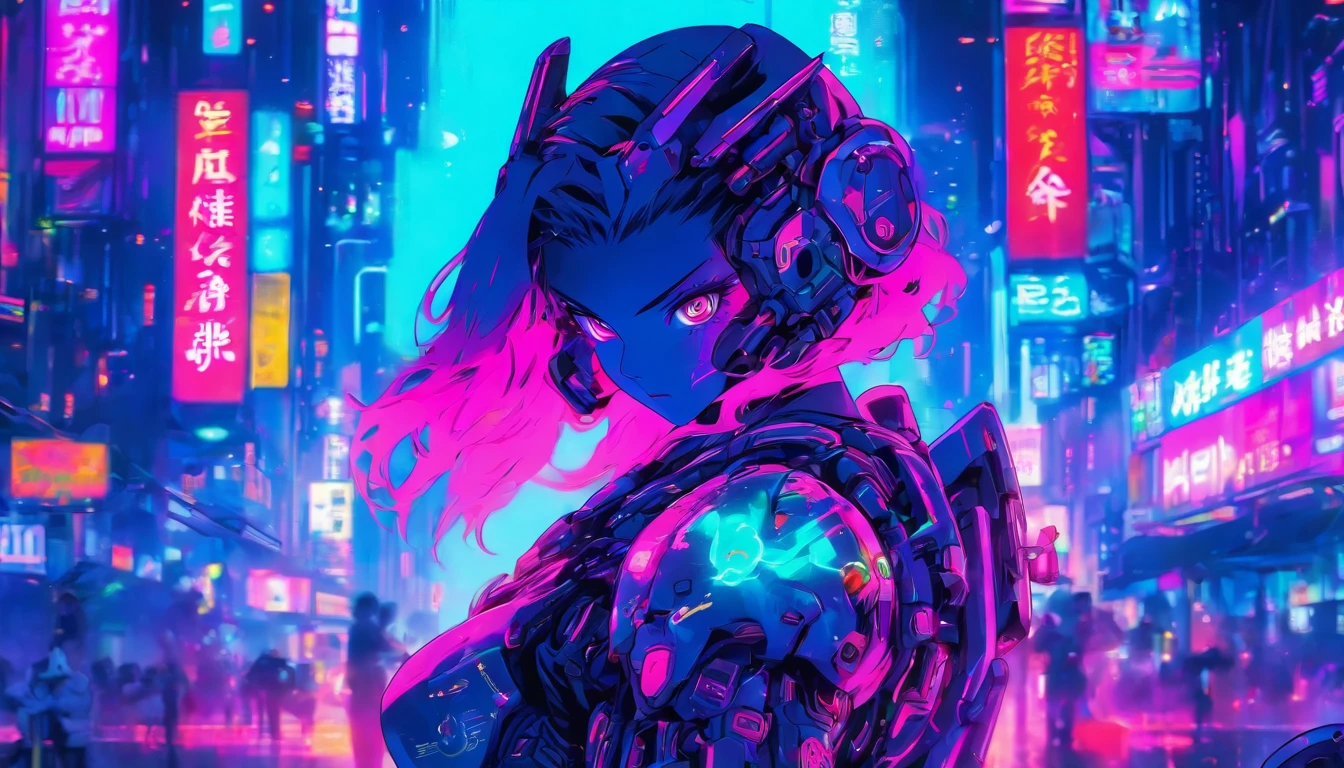 Cyberpunk power armor girl, Neon lights reflection, Technological enhancements, Futuristic city backdrop, Mechanical details, Cyberpunk Futurism, Mechanical Fantasy, Yoshitoshi ABe, Cyberpunk Power Armor Girl, Neon Cyber City, High-tech warrior, Action pose, Neon city backdrop, neon light, glitchy light, holographic light