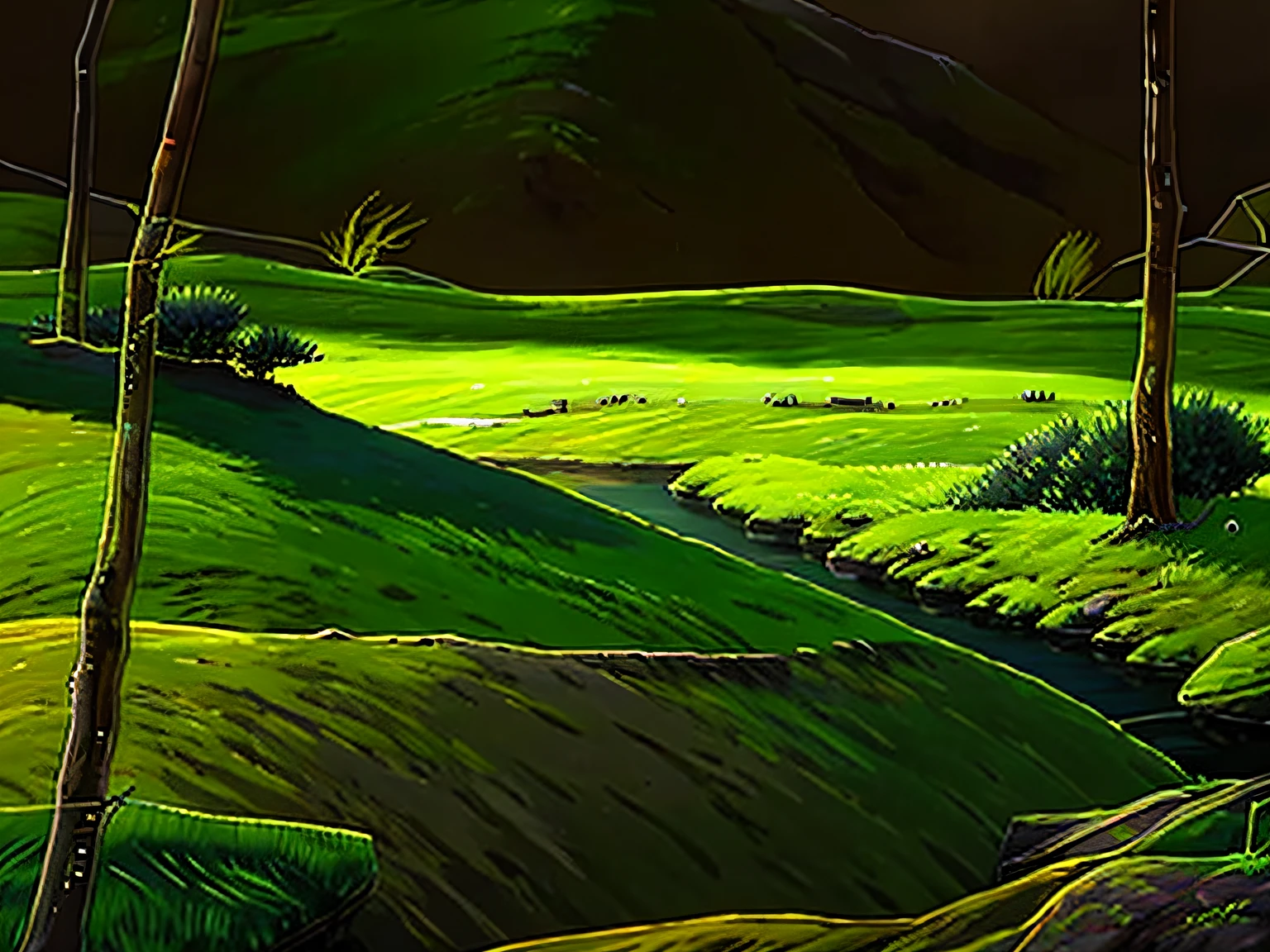 Meadows and distant sky,A few bare trees,There are several stones on the ground,No Man,landscape,Fresh tones