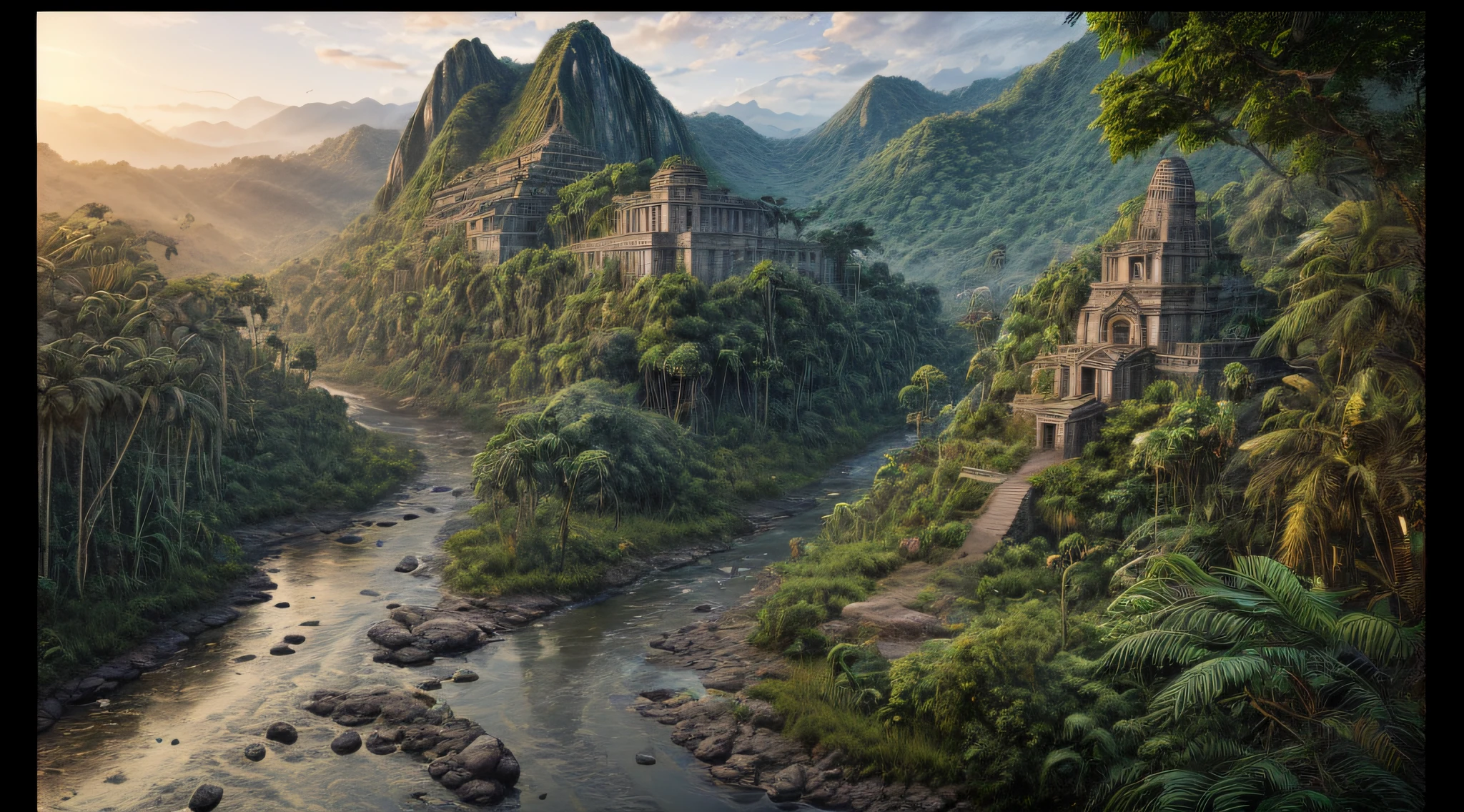 a photorealistic, award winning, best detailed, absurres, landscape (National Geographic style: 1.3)  picture of a fantasy jungle at dawn, many (jungle trees: 1.3),  a (river crossing the jungle: 1.1), sun rising being reflected in the river, an Inca temple in the horizon, a shot from birds view, sun setting light,  best quality, 16k, [ultra detailed], masterpiece, best quality, (ultra detailed), full body, ultra wide shot, photorealistic,