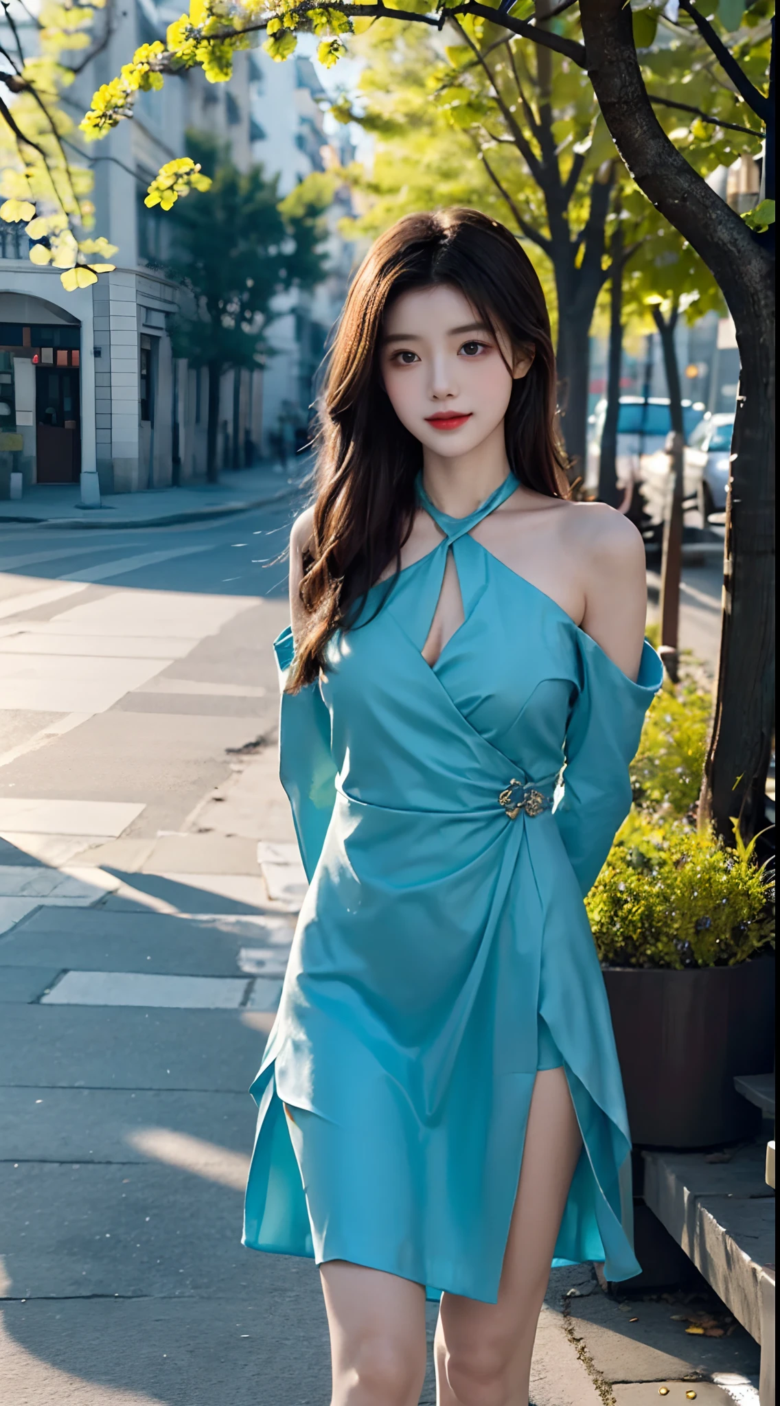 A close up of a woman in a blue dress on a city street - SeaArt AI