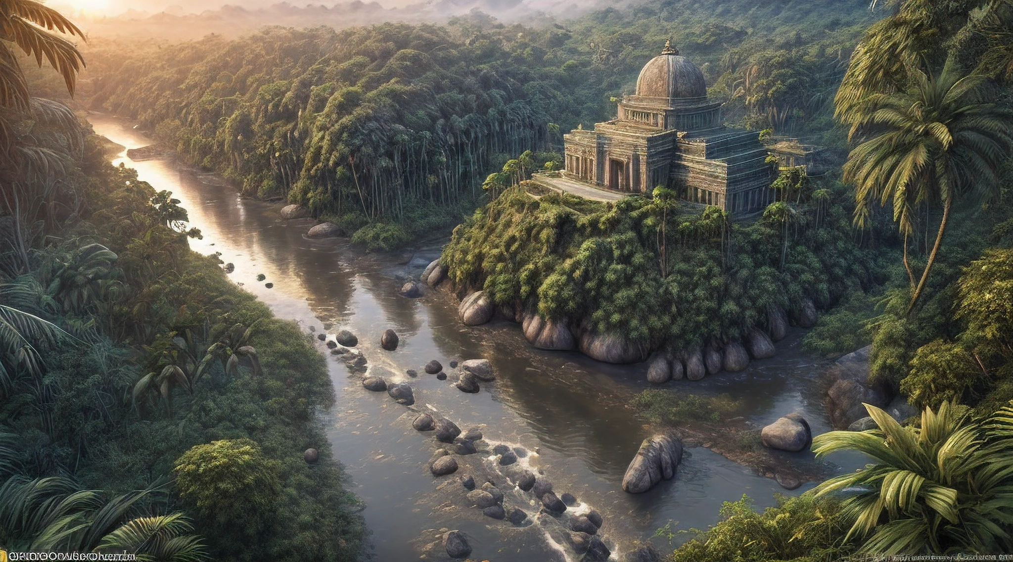 a photorealistic, award winning, best detailed, absurres, landscape (National Geographic style: 1.3)  picture of a fantasy jungle at dawn, many (jungle trees: 1.3),  a (river crossing the jungle: 1.1), sun rising being reflected in the river, an Inca temple in the horizon, a shot from birds view, sun setting light,  best quality, 16k, [ultra detailed], masterpiece, best quality, (ultra detailed), full body, ultra wide shot, photorealistic,