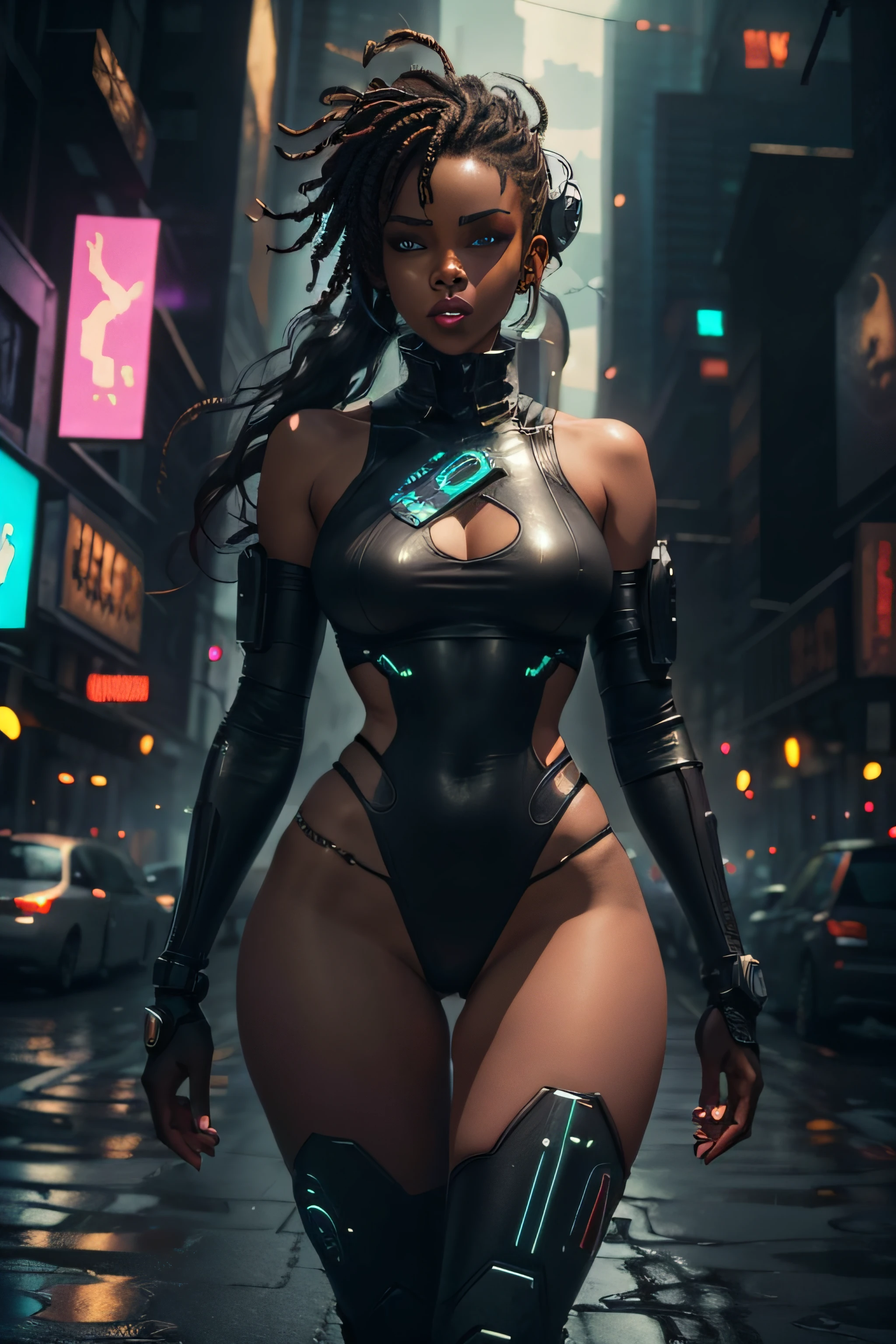 Beautiful black woman heavy cyberpunk style. Cybernetic body parts in a city street