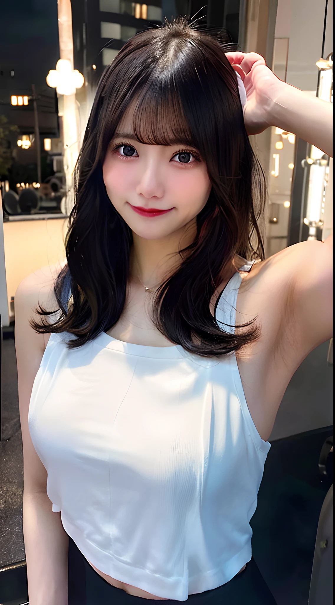 name: Stay in the United States、A dark-haired、white tank tops、Night background、 gym、Sateen、JINS、ssmile、breastsout、a picture、show through、Super live-action、footage、realisitic、