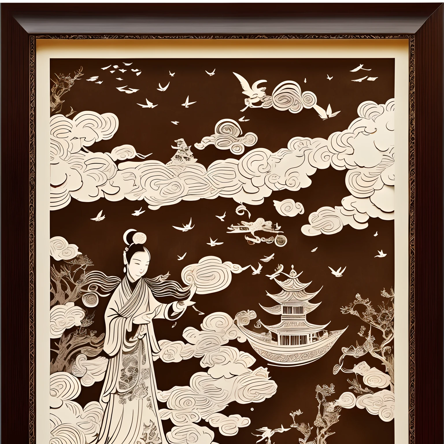 tmasterpiece，Best quality，Beautiful paper cutout(paper cut out：1.3)This artwork depicts traditional Chinese scenes(Traditional Chinese scenes：1.2)。复杂，tradit，big breasts enchanting(big breasts enchanting：1.3)，It is characterized by detailed figures(detailed digi：1.2)and complex layered designs(layered designs：1.4)。Traditional Chinese art by Zhou Shuying，Mono Color、Characterized by intricate details and cultural heritage。