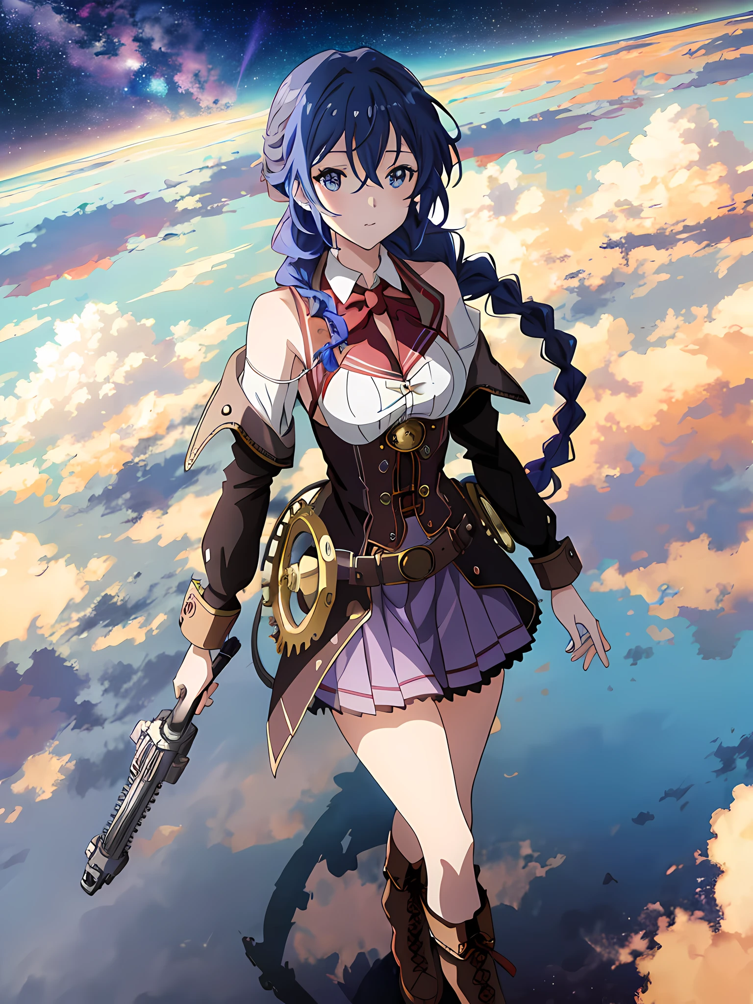 (best quality, masterpiece), official art, illustration, ligne claire, highres, absurdres, ultra-detailed, 8k, (in the air), (above the cloud:1.3), 1girl, blue and violett hair, long hair, braids, steampunk, gears, skirt, colorful steampunk outfit, bare shoulders, cutout above navel, (steampunk city background), cloudy sky, sexy, tight, shadow, reflection, lightred Meteor, half the sky is Milky Way, cel shading, anime coloring, (anime screencap:1.2)