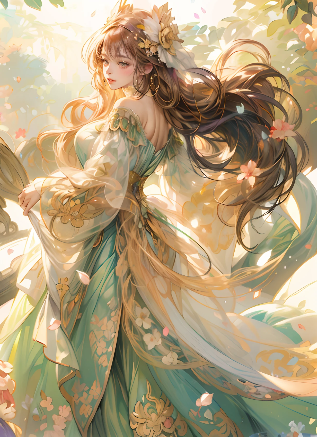 a woman with long hair and a dress is laying down in a garden, alphonse mucha and rossdraws, fantasy style art, anime fantasy illustration, beautiful anime art, flower goddess, beautiful anime artwork, fantasy art style, beautiful fantasy art, anime fantasy artwork, beautiful digital artwork, detailed digital anime art, beautiful character painting, beautiful fantasy maiden, a beautiful artwork illustration