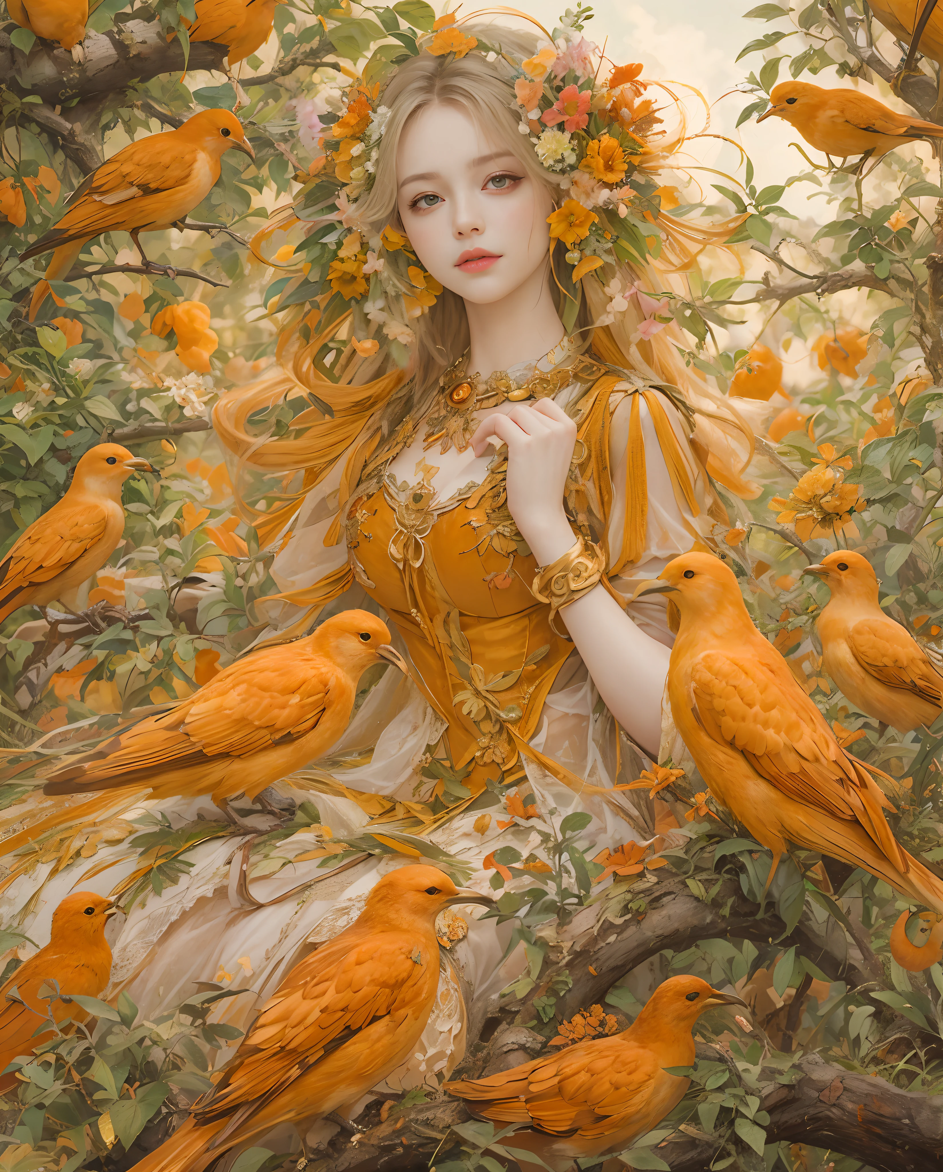 Best quality, masterpiece, meticulous details, intricate detail, a heavenly lady in tangerine grove