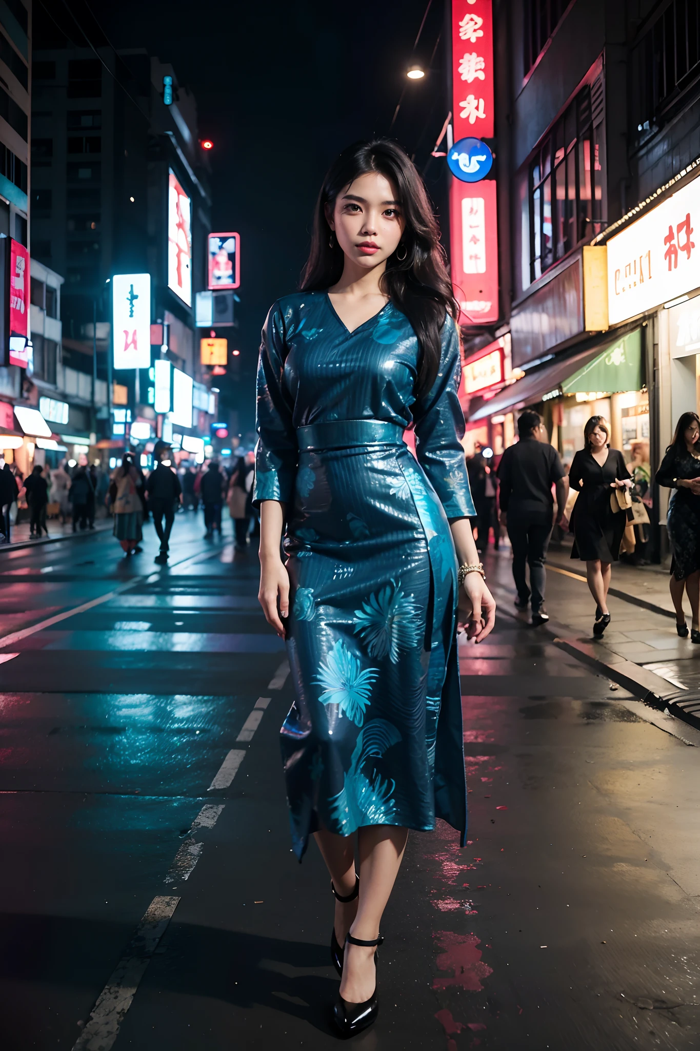 1girl, solo, RAW Photo, modelshoot style, Photograph of a young beautiful bright indonesian woman with black brown long hair flow in soft curl and ((warm skin)), focused, wear elegant indonesian (((batik dress))), black flatshoes, medium breast, face to the camera,  at  tunjungan street surabaya cyberpunk style, night, neon lights, ((cyberpunk city)), looking at viewer, (full body shot:1.3), best quality, masterpiece, uhd, ((photorealistic))