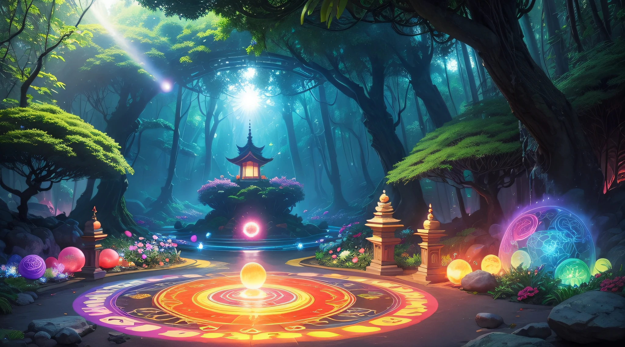 magic circle, tropical forest, flowers of all colors and shapes, pagoda, flowers of all colors and shapes, beautiful dress, kundalini, Magic Tape, waterfall, zen garden, huge rocks, hyper realistic, fantasy, materialized luminous energy, energy spheres, psychedelic art, colorful, sun, clouds, bird's eye view, beautiful panorama