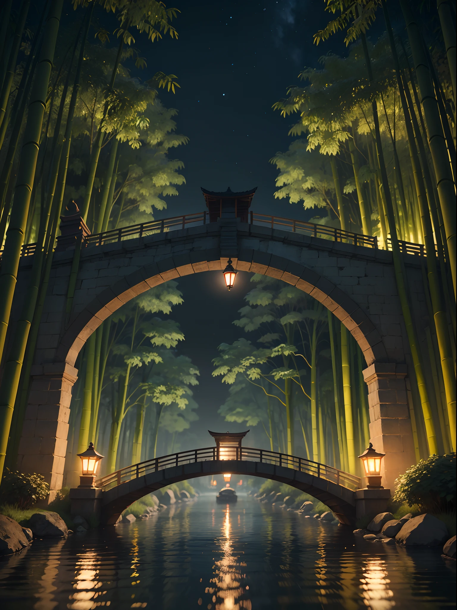 Fantasy jungle, bamboo tree fantasy, long bamboo tree, realistic, fogy environment, artificial intelligence, artificial water source, build a bridge between two different places which is surrounded by the bamboo trees, night view, 8K best quality, AMD FidelityFX Super resolution 3, rendered by Nvidia RTX DLSS 3.5