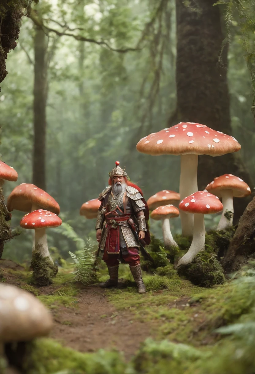 Stylish Japanese anime digital illustration, Ise Kai Tensei、Japanese Ise Kaitenari anime、Guan Yu lands in the jungle of another world、An otherworldly jungle,Reminiscent of the jungle of Vietnam、Feminine Guan Yu、nioh standing、Red halo background, Standing on the ground,Boast。The ground is covered with mucus、A large group of mushrooms sparkles around the tree、Intimidate a group of monsters with his proud hegemony、Hyper Sharp Image, Hyper Sharp Image, Shinkai sincerely, Toriyama Akria, Gibri, Zelda,