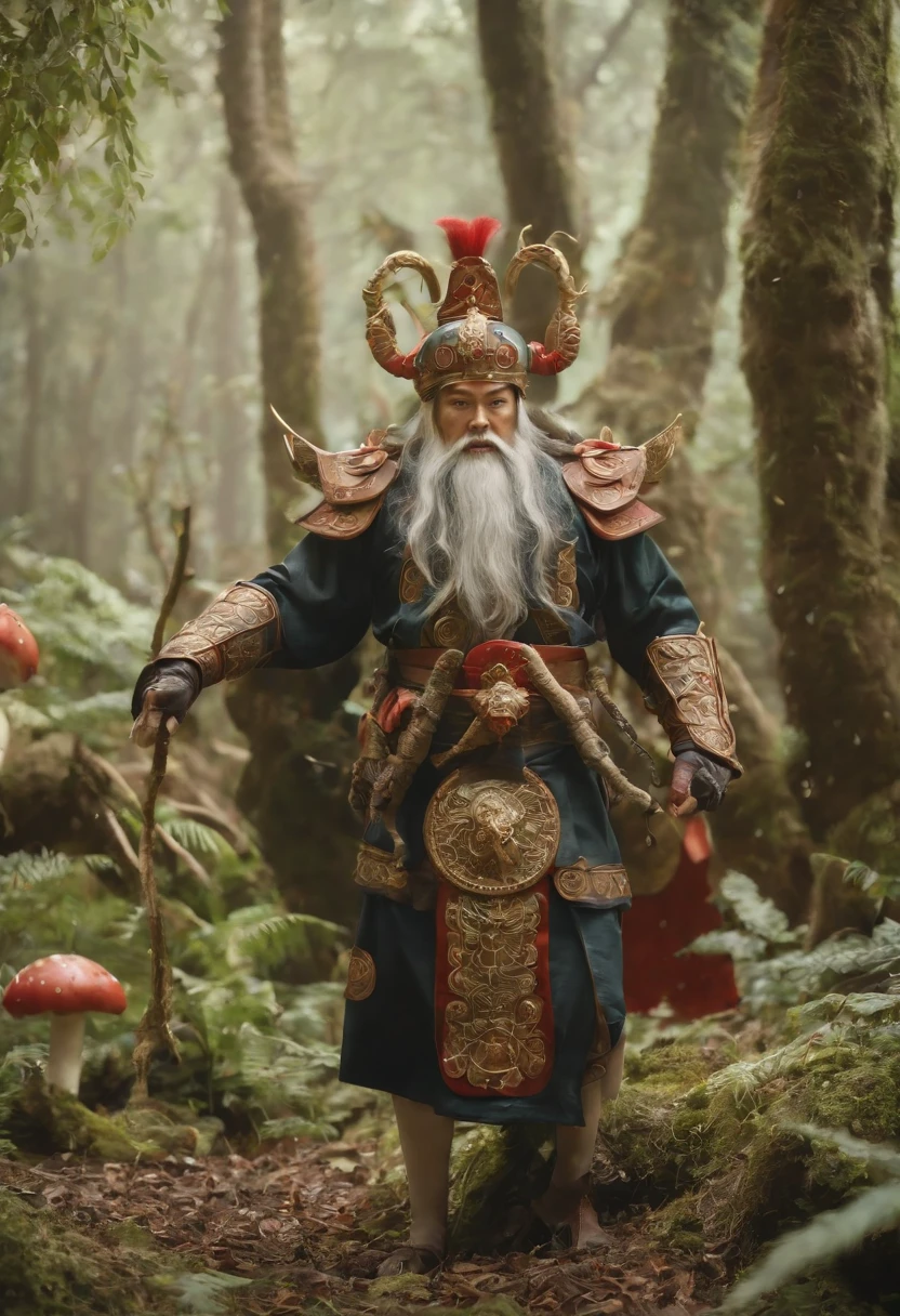Stylish Japanese anime digital illustration, Ise Kai Tensei、Japanese Ise Kaitenari anime、Guan Yu lands in the jungle of another world、An otherworldly jungle，Reminiscent of the jungle of Vietnam、Feminine Guan Yu、nioh standing、Red halo background, Standing on the ground，Boast。The ground is covered with mucus、A large group of mushrooms sparkles around the tree、Intimidate a group of monsters with his proud hegemony、Hyper Sharp Image, Hyper Sharp Image, Shinkai sincerely, Toriyama Akria, Gibri, Zelda,