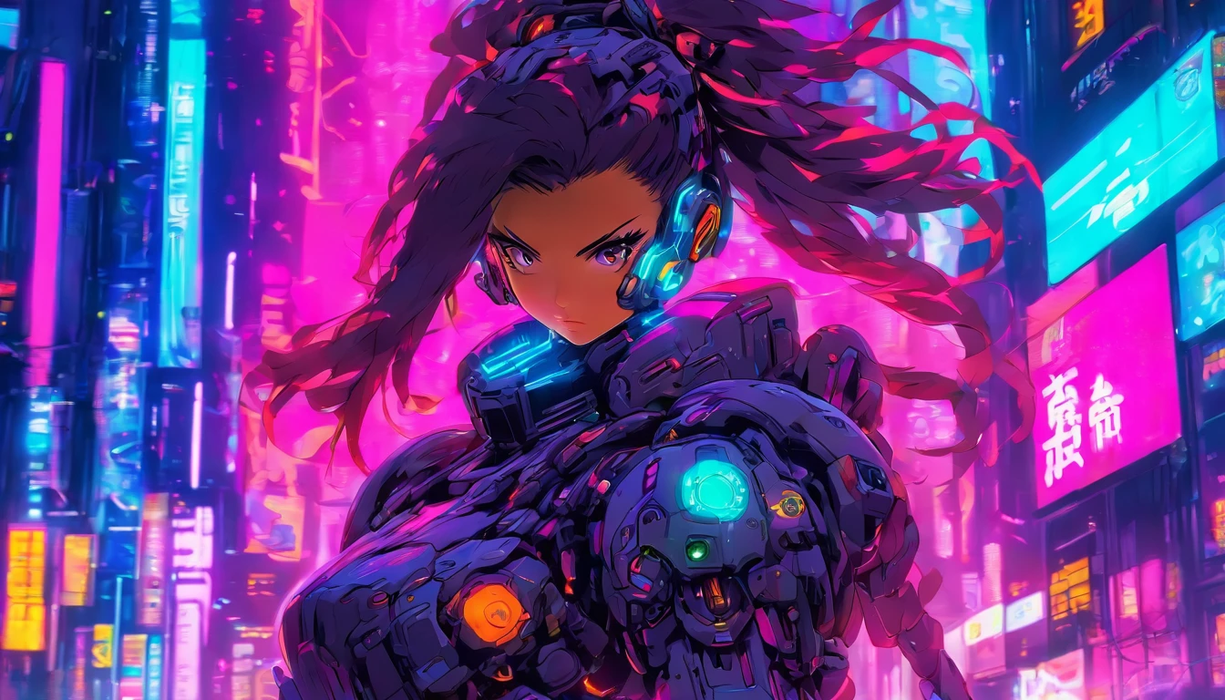 Cyberpunk power armor girl,full body,Technological enhancements, Futuristic city backdrop, Mechanical details, Cyberpunk Futurism, Mechanical Fantasy, Yoshitoshi ABe, Cyberpunk Power Armor Girl, Neon Cyber City, High-tech warrior, Action pose, Neon city backdrop, neon light, glitchy light, holographic light