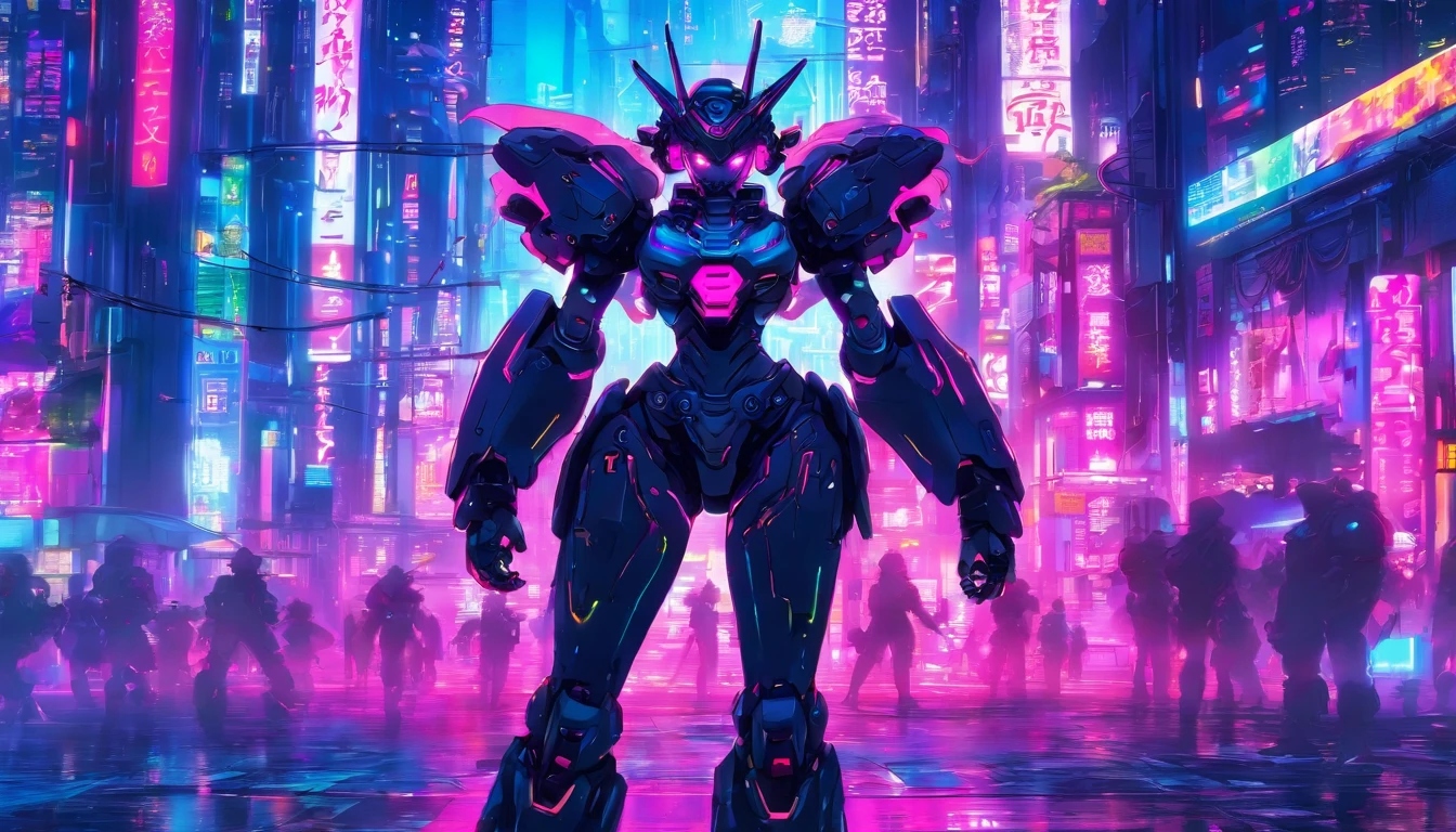 Cyberpunk power armor girl,full body,Technological enhancements, Futuristic city backdrop, Mechanical details, Cyberpunk Futurism, Mechanical Fantasy, Yoshitoshi ABe, Cyberpunk Power Armor Girl, Neon Cyber City, High-tech warrior, Action pose, Neon city backdrop, neon light, glitchy light, holographic light