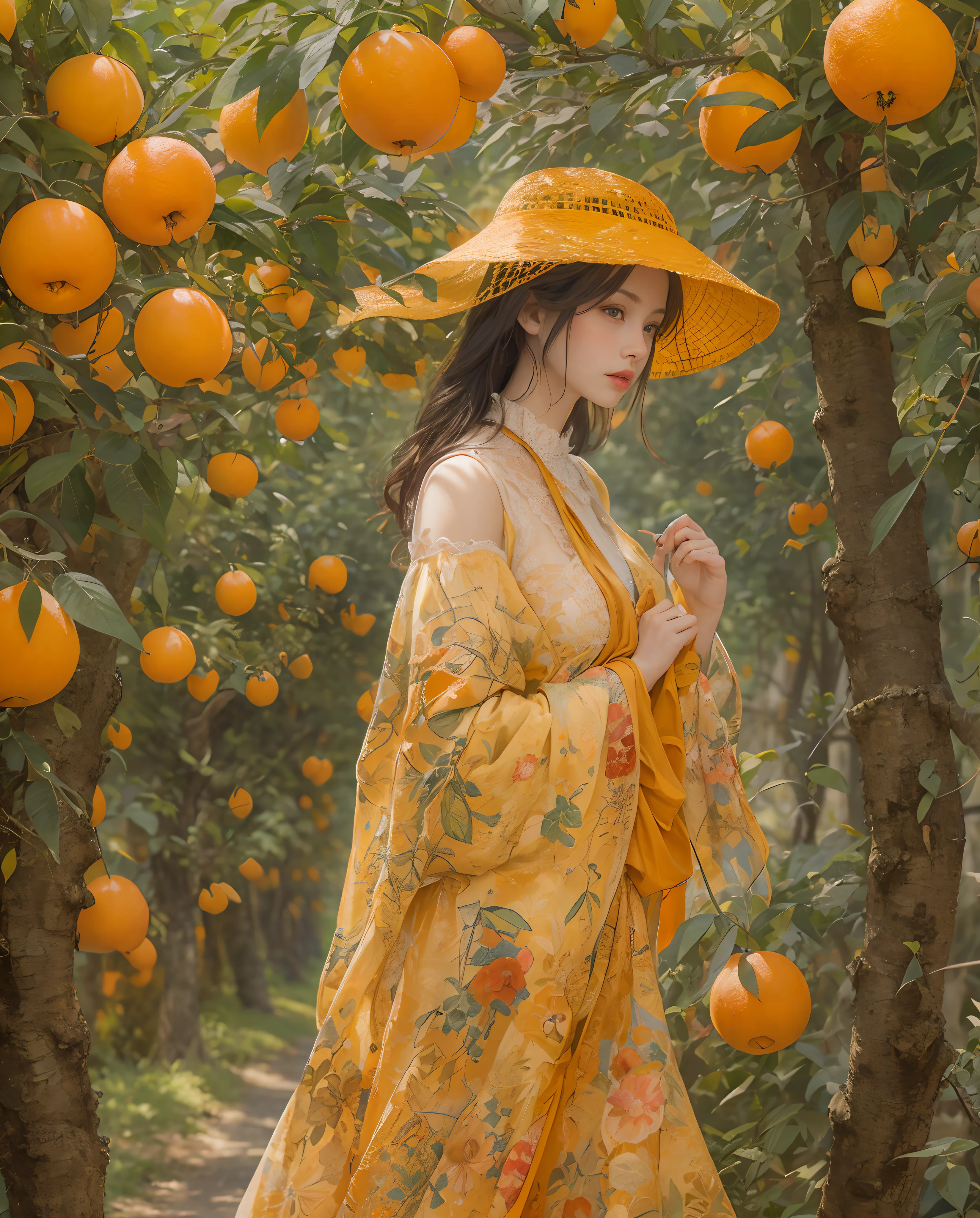 Best quality, masterpiece, meticulous details, intricate detail, a heavenly lady walking in tangerine grove