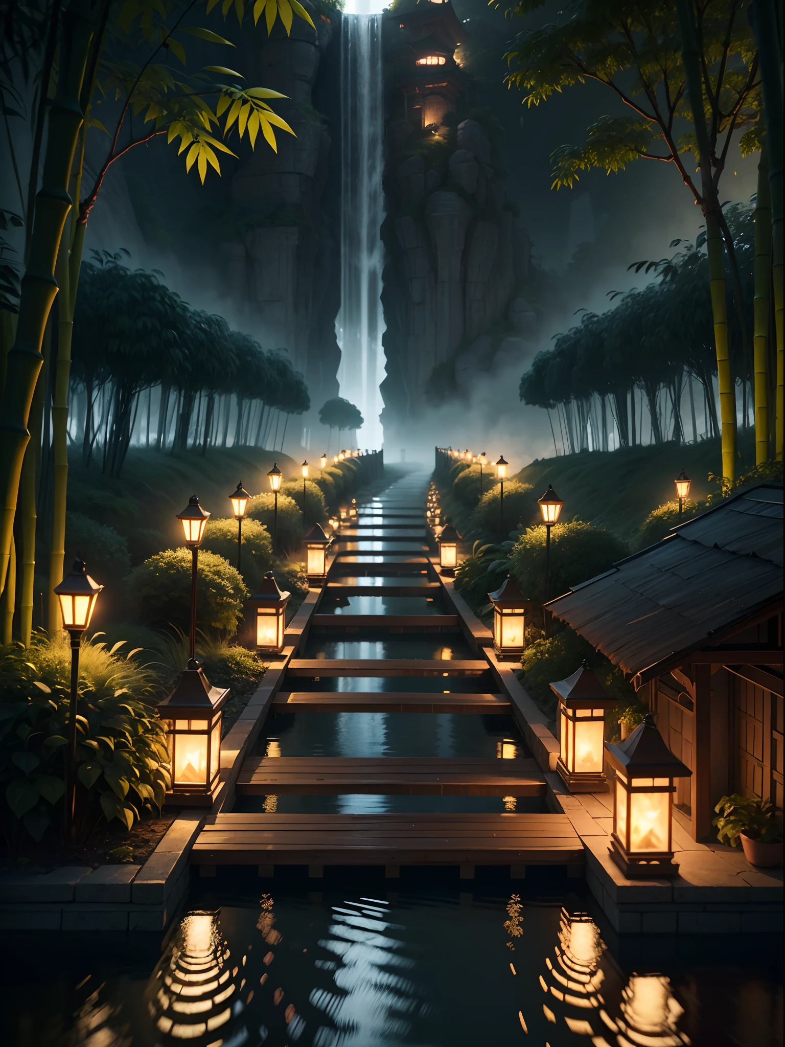 Fantasy jungle, bamboo tree fantasy, long bamboo tree, realistic, fogy environment, artificial intelligence, artificial water source, build a bridge between two different places which is surrounded by the bamboo trees, night view, 8K best quality, AMD FidelityFX Super resolution 3, rendered by Nvidia RTX DLSS 3.5