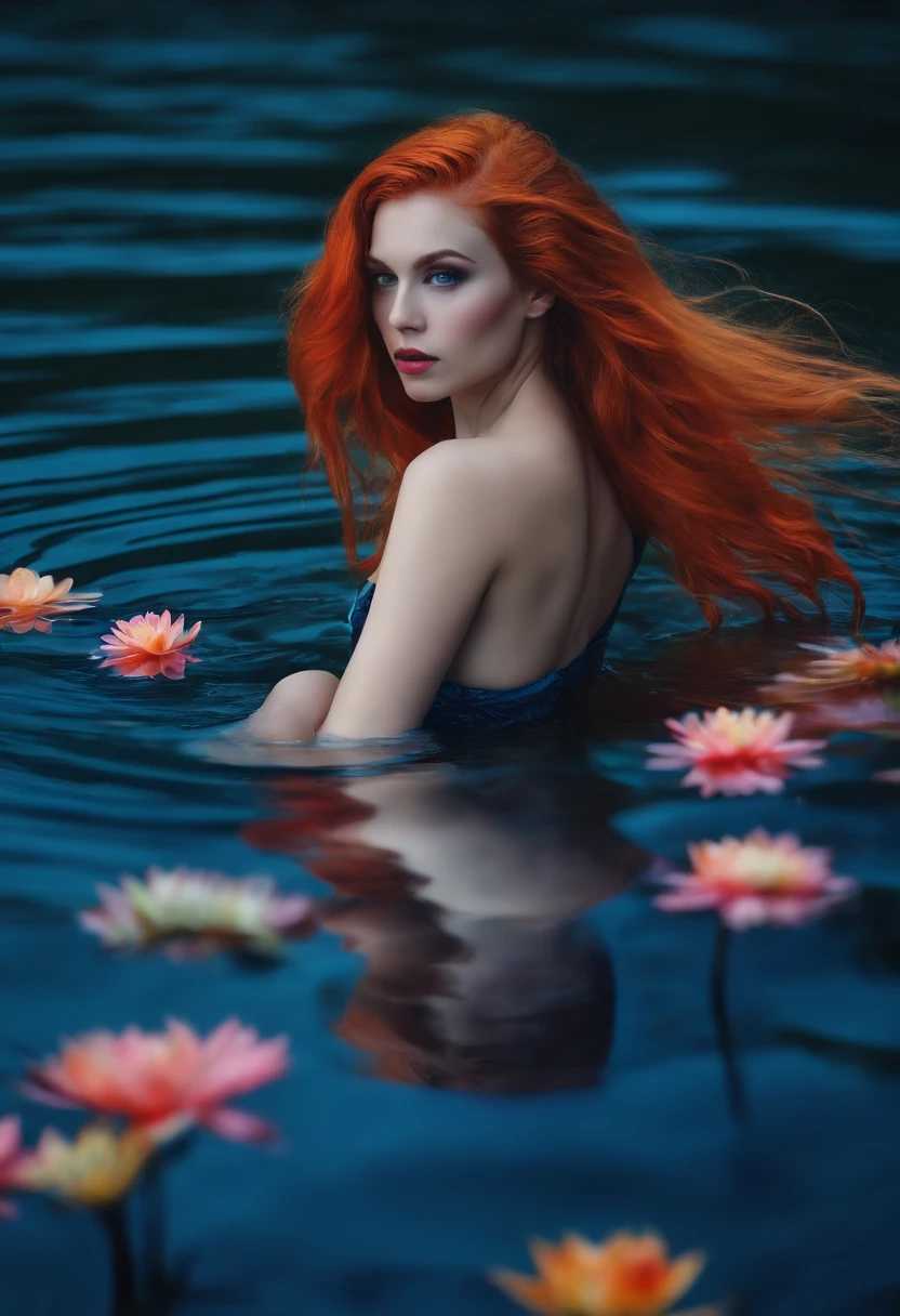the night，Huge blue lake，Naked girl，Full length of colorful hair