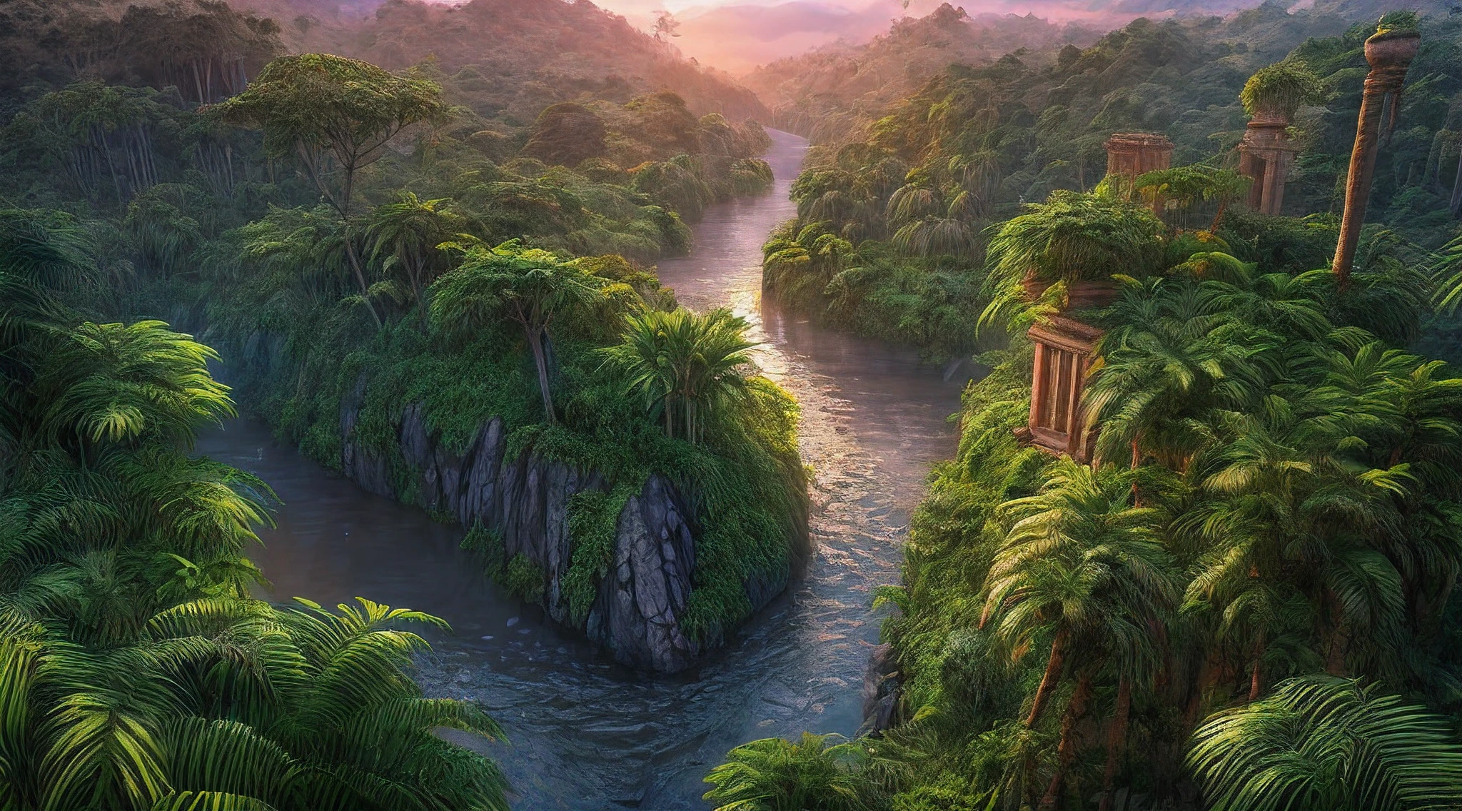 a photorealistic, award winning, best detailed, absurres, landscape picture of a fantasy jungle at dawn (masterpiece, best detailed, best quality: 1.5) , many (jungle trees: 1.3),  a (river crossing the jungle: 1.1), sun rising being reflected in the river (masterpiece, best detailed, best quality: 1.5), an Inca temple in the horizon (masterpiece, best detailed, best quality: 1.5), a shot from birds view, sun setting light,  best quality, 16k, [ultra detailed], masterpiece, best quality, (ultra detailed), full body, ultra wide shot, photorealistic,