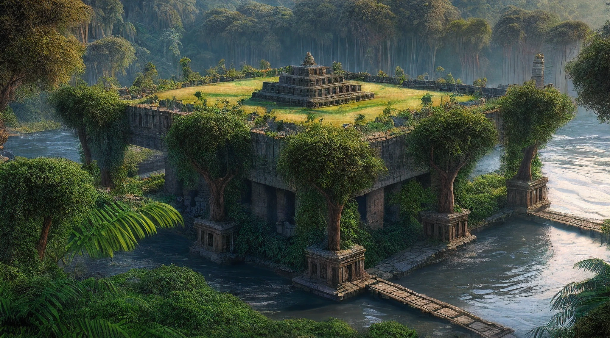 a photorealistic, award winning, best detailed, absurres, landscape picture of a fantasy jungle at dawn (masterpiece, best detailed, best quality: 1.5) , many (jungle trees: 1.3),  a (river crossing the jungle: 1.1), sun rising being reflected in the river (masterpiece, best detailed, best quality: 1.5), an Inca temple in the horizon (masterpiece, best detailed, best quality: 1.5), a shot from birds view, sun setting light,  best quality, 16k, [ultra detailed], masterpiece, best quality, (ultra detailed), full body, ultra wide shot, photorealistic,