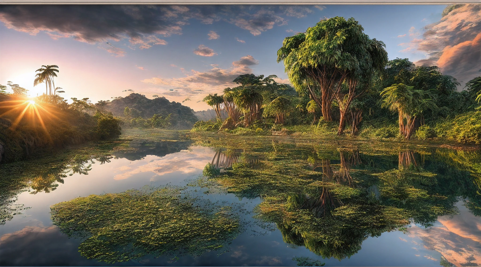 a photorealistic, award winning, best detailed, absurres, landscape picture of a fantasy jungle at dawn (masterpiece, best detailed, best quality: 1.5) , many (jungle trees: 1.3),  a (river crossing the jungle: 1.1), sun rising being reflected in the river (masterpiece, best detailed, best quality: 1.5), an Inca temple in the horizon (masterpiece, best detailed, best quality: 1.5), a shot from birds view, sun setting light,  best quality, 16k, [ultra detailed], masterpiece, best quality, (ultra detailed), full body, ultra wide shot, photorealistic,