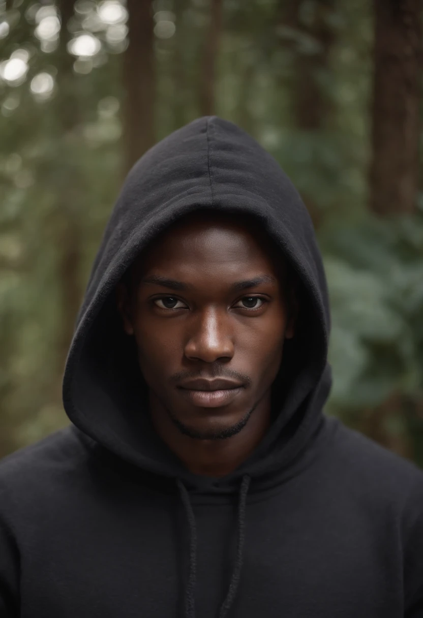 Mysterious frontal African male personages with a black hooded sweater hiding his face creating a mysterious