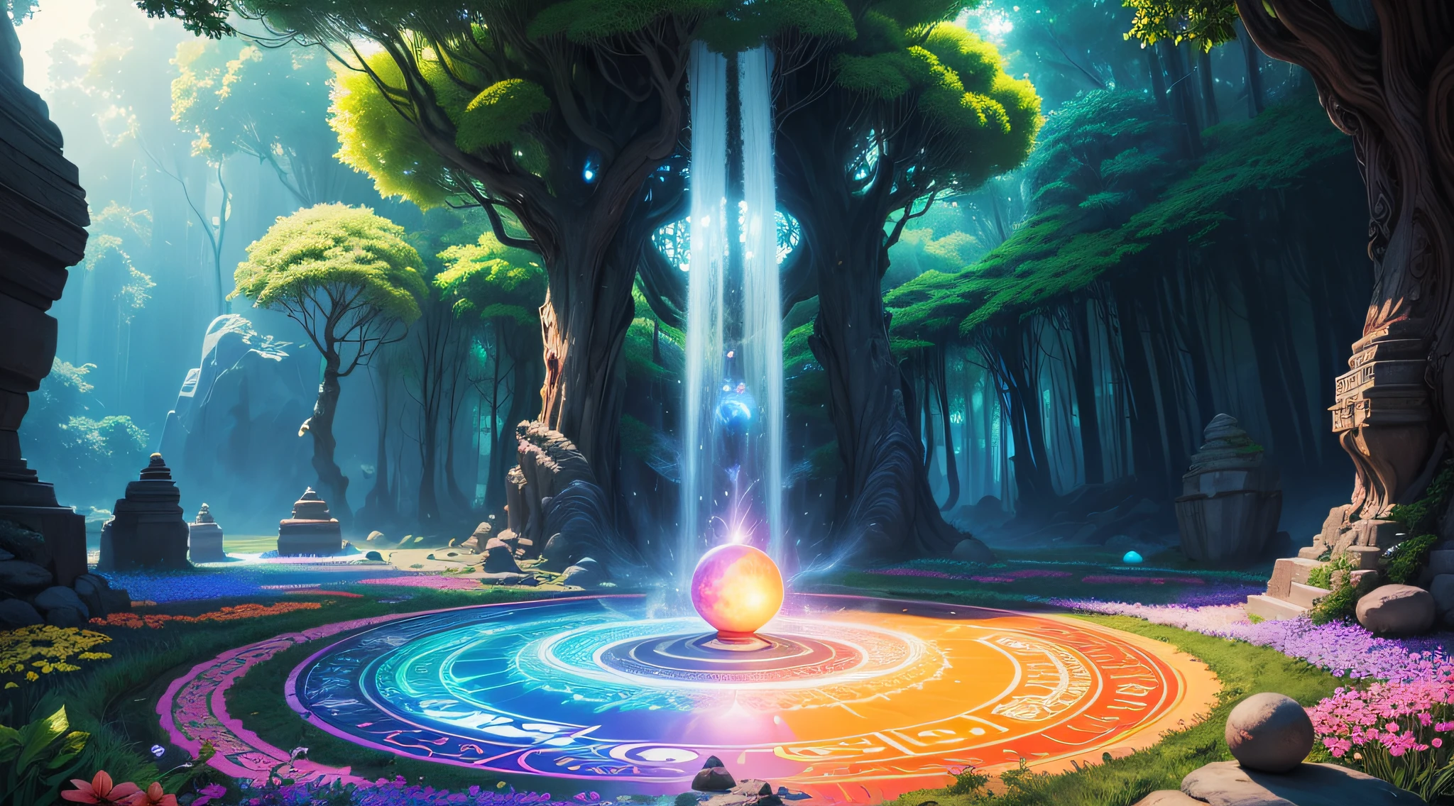 magic circle, tropical forest, flowers of all colors and shapes, pagoda, flowers of all colors and shapes, beautiful dress, kundalini, Magic Tape, waterfall, zen garden, huge rocks, hyper realistic, fantasy, materialized luminous energy, energy spheres, psychedelic art, colorful, sun, clouds