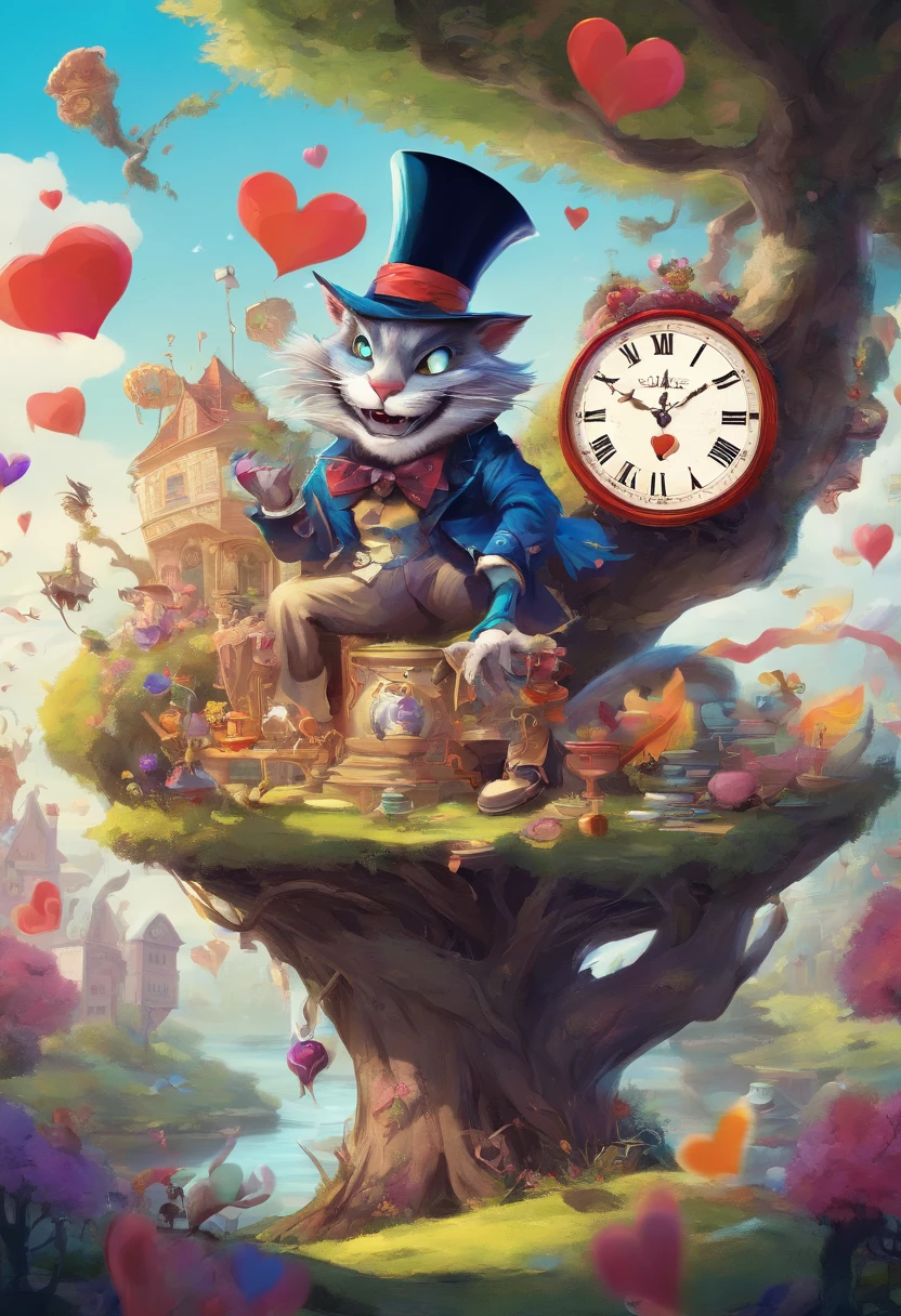 The image shows a breathtaking wonderland scene, richly detailed with an artistic style and vibrant colors. In the center of the image stands Alice, the protagonist, wearing a bright blue dress and holding her famous pocket watch. Behind her stands the White Rabbit majestically with a breathless expression on his face as he runs towards a huge giant tower clock. To Alice's right is the Cheshire Cat sitting on a strange and twisted tree, his huge yellow eyes glowing mysteriously as he smiles mockingly. In the background there are the colored silhouettes of playing cards as tall as houses, among which red hearts, black spades and shiny diamonds stand out. On the left of the image we find the Mad Hatter surrounded by his cheerful table set for tea. He wears his tall hat adorned with leaves and eccentric colored feathers. Along with him are flying cups floating in the air along with croissants that seem to be eaten out of thin air. The general scenario is characterized by animated flowers with bizarre shapes that dance following the enchanted melodies of the music coming from the Mad Hatter's party. Magical shades envelop the entire environment making it surreal and exciting.