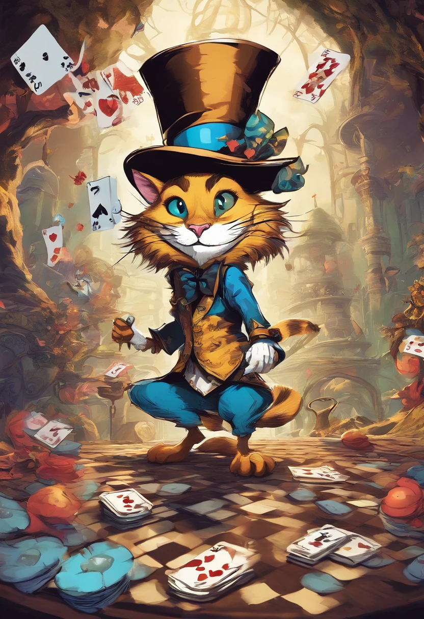 The image shows a breathtaking wonderland scene, richly detailed with an artistic style and vibrant colors. In the center of the image stands Alice, the protagonist, wearing a bright blue dress and holding her famous pocket watch. Behind her stands the White Rabbit majestically with a breathless expression on his face as he runs towards a huge giant tower clock. To Alice's right is the Cheshire Cat sitting on a strange and twisted tree, his huge yellow eyes glowing mysteriously as he smiles mockingly. In the background there are the colored silhouettes of playing cards as tall as houses, among which red hearts, black spades and shiny diamonds stand out. On the left of the image we find the Mad Hatter surrounded by his cheerful table set for tea. He wears his tall hat adorned with leaves and eccentric colored feathers. Along with him are flying cups floating in the air along with croissants that seem to be eaten out of thin air. The general scenario is characterized by animated flowers with bizarre shapes that dance following the enchanted melodies of the music coming from the Mad Hatter's party. Magical shades envelop the entire environment making it surreal and exciting.