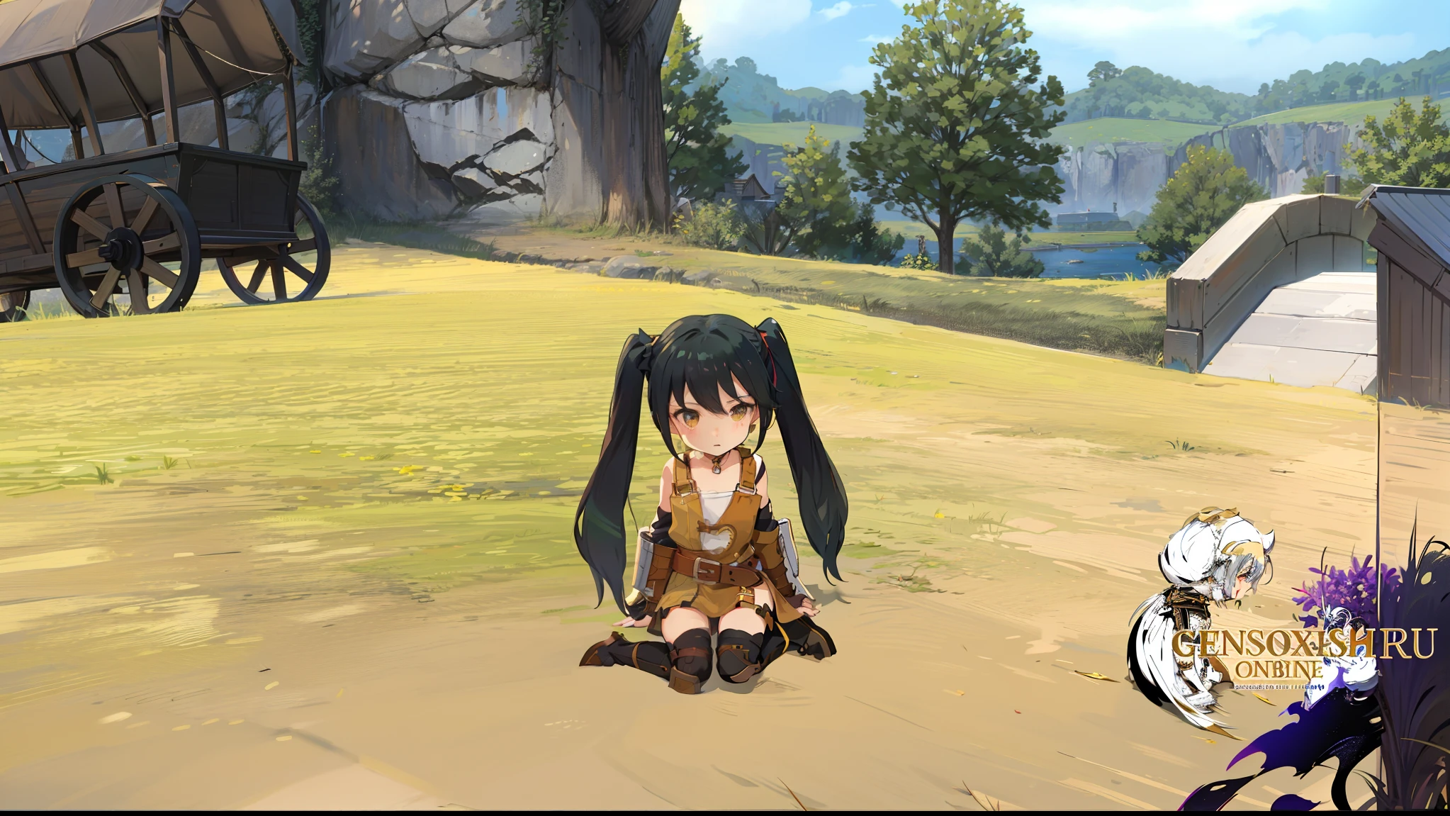 Anime character sitting on the ground in front of the wagon, lalafell, the anime girl is crouching, Sitting on the ground, sitting in a field, holding a pudica pose, black hime-cut hair, small curvy loli, Trends in PXIV, Twin-tailed, with black pigtails, sao style anime, final fantasy 14 style